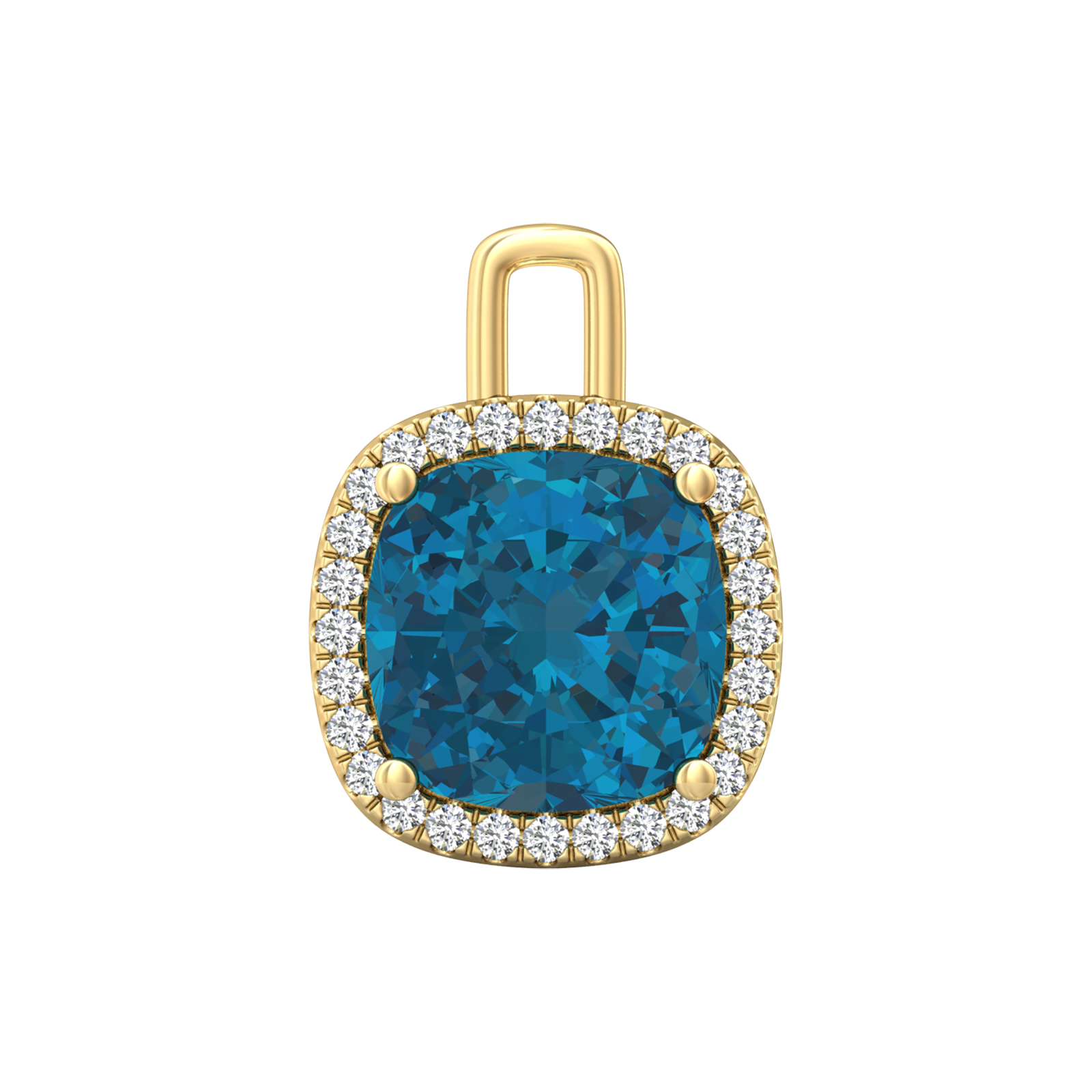 Nova diamond set pendant attachment set with a cushion shaped London Blue Topaz Gardiner Brothers Yellow Gold