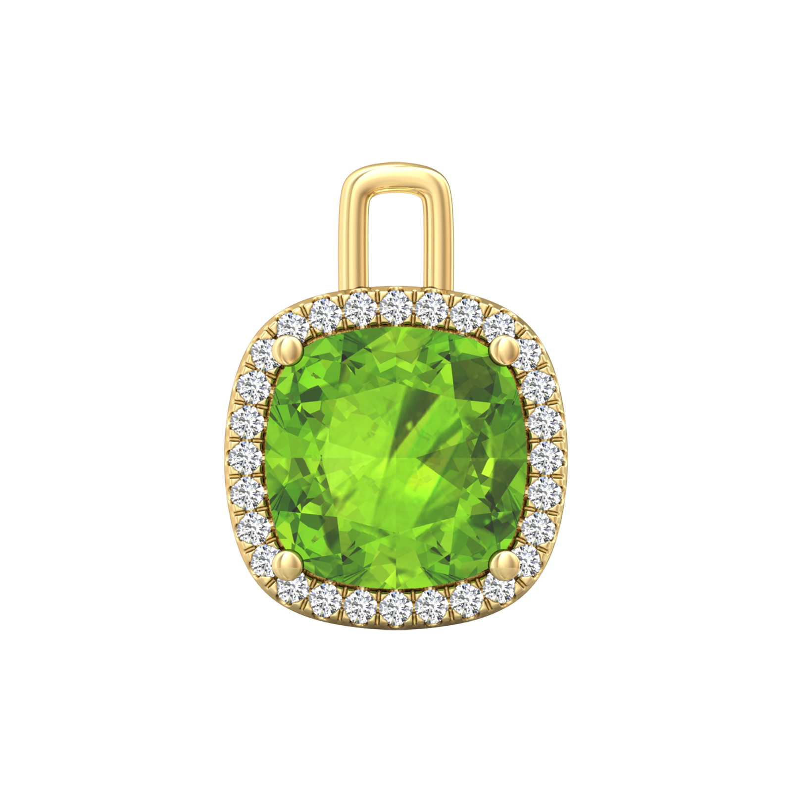 Nova diamond set pendant attachment set with a cushion shaped Peridot Gardiner Brothers Yellow Gold