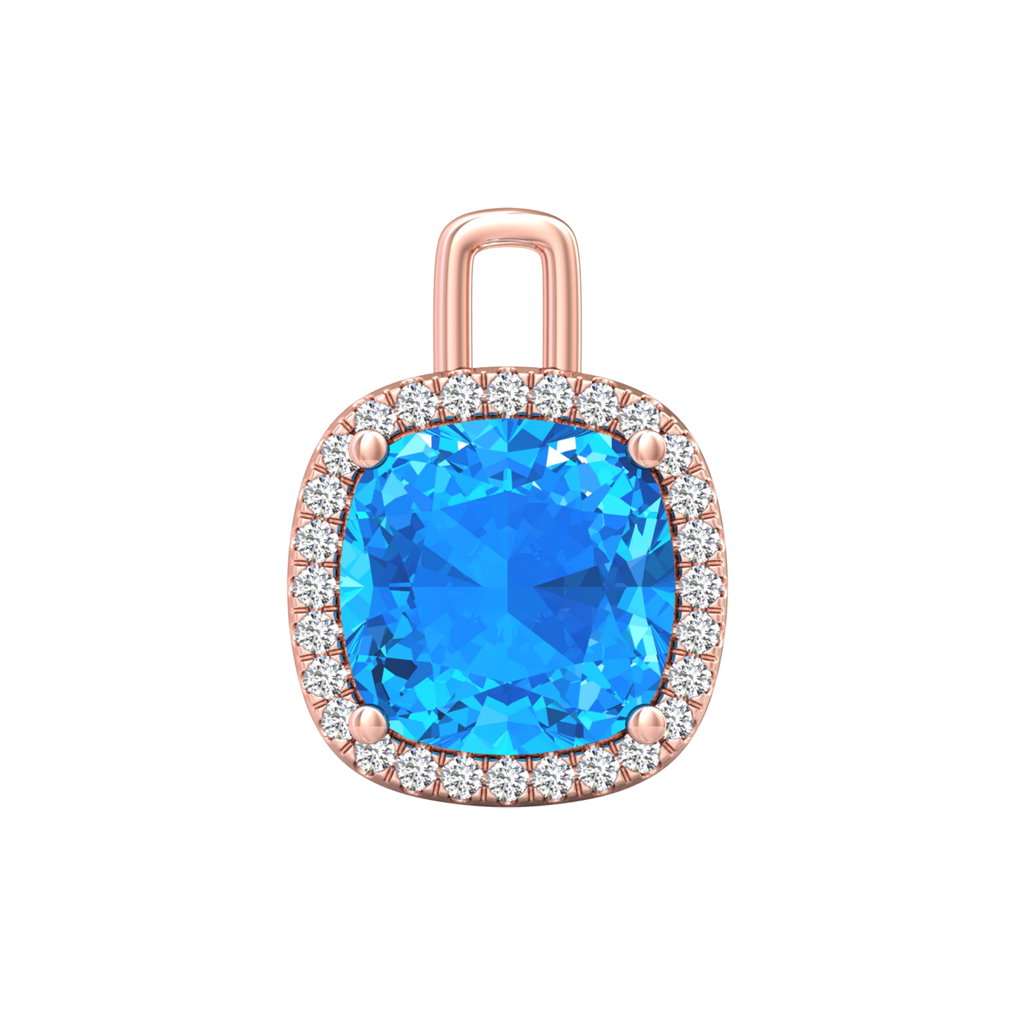 Nova diamond set pendant attachment set with a cushion shaped Swiss Blue Topaz Gardiner Brothers Rose Gold