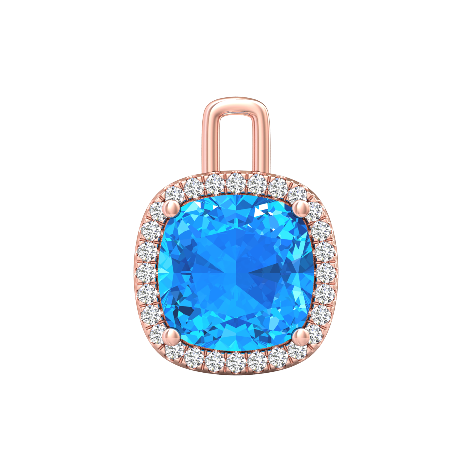 Nova diamond set pendant attachment set with a cushion shaped Swiss Blue Topaz Gardiner Brothers Rose Gold