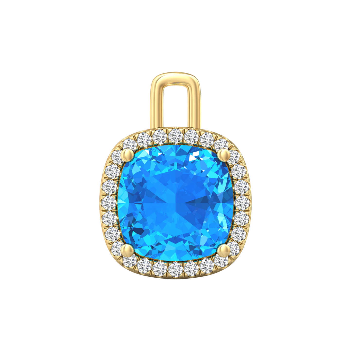 Nova diamond set pendant attachment set with a cushion shaped Swiss Blue Topaz Gardiner Brothers Yellow Gold