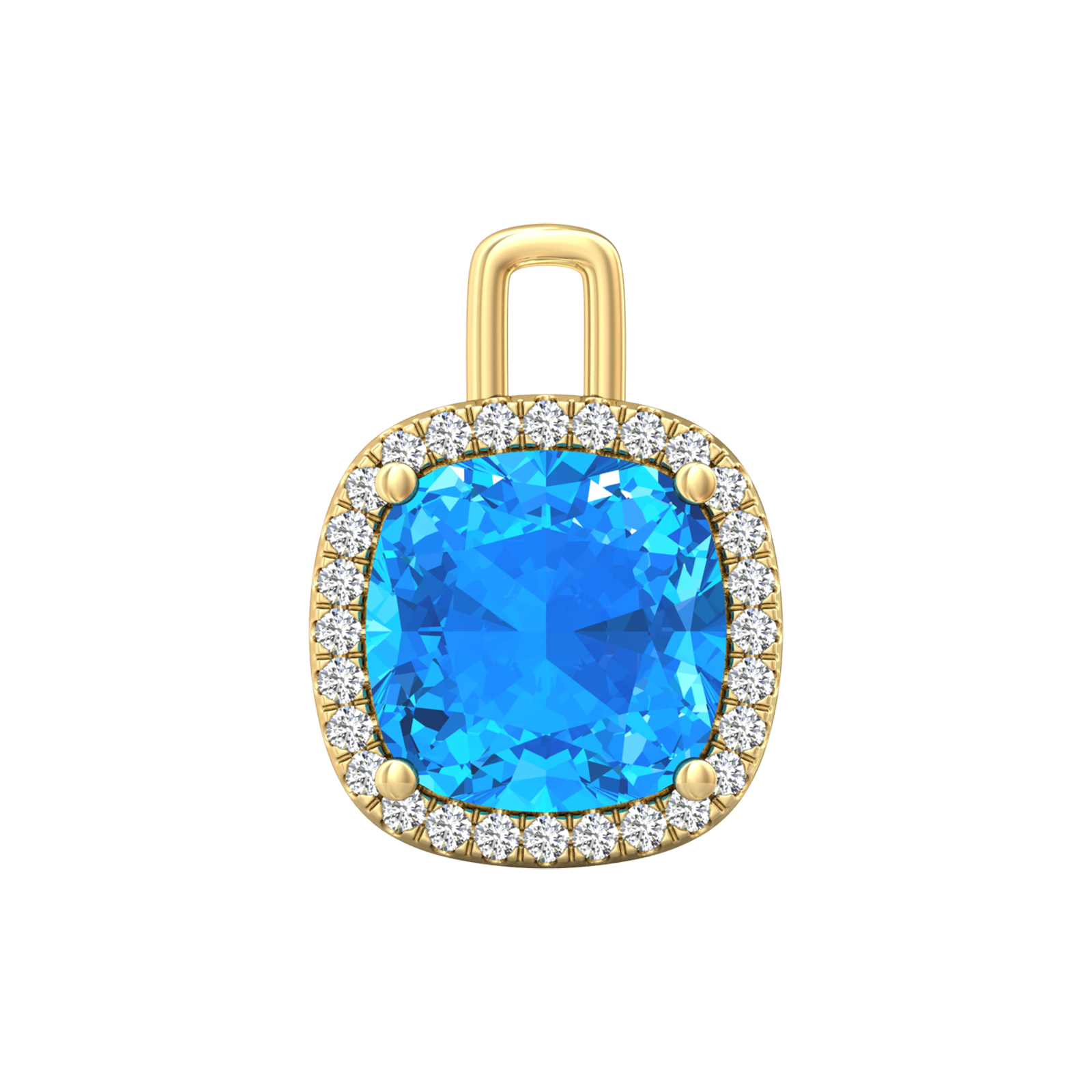 Nova diamond set pendant attachment set with a cushion shaped Swiss Blue Topaz Gardiner Brothers Yellow Gold