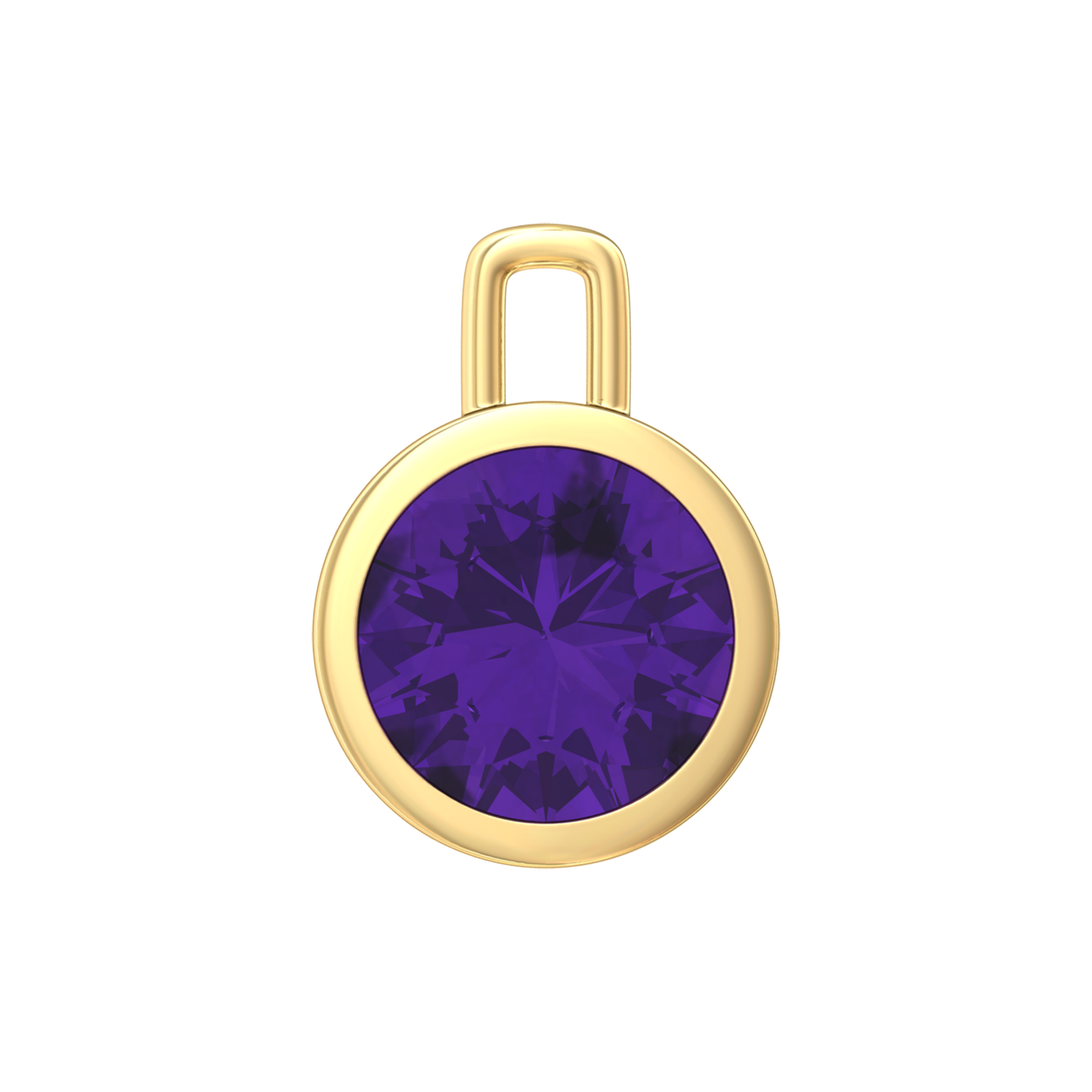 Nova pendant attachment in a plain bezel setting with round Amethyst Gardiner Brothers Yellow Gold