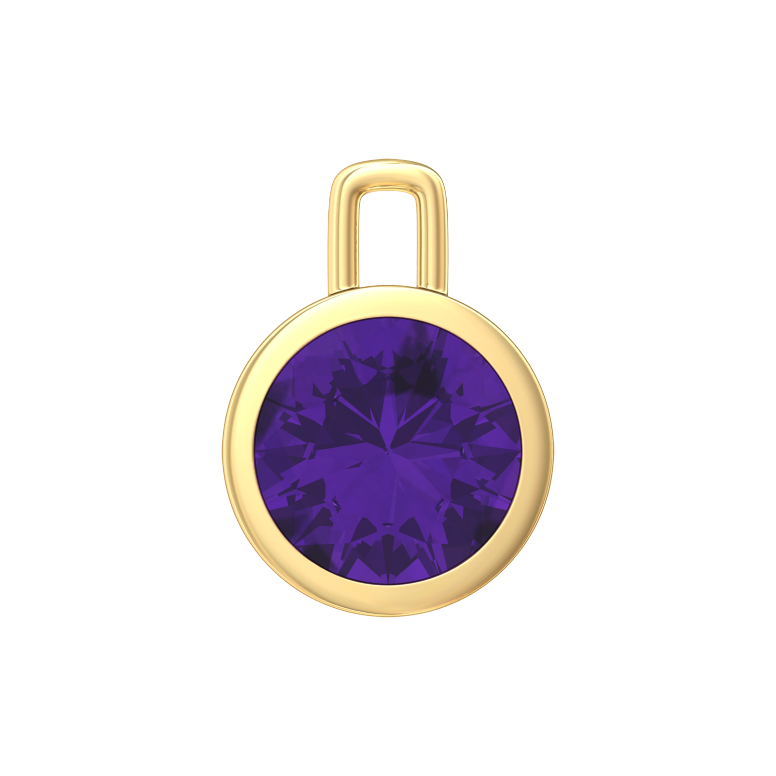 Nova pendant attachment in a plain bezel setting with round Amethyst Gardiner Brothers Yellow Gold