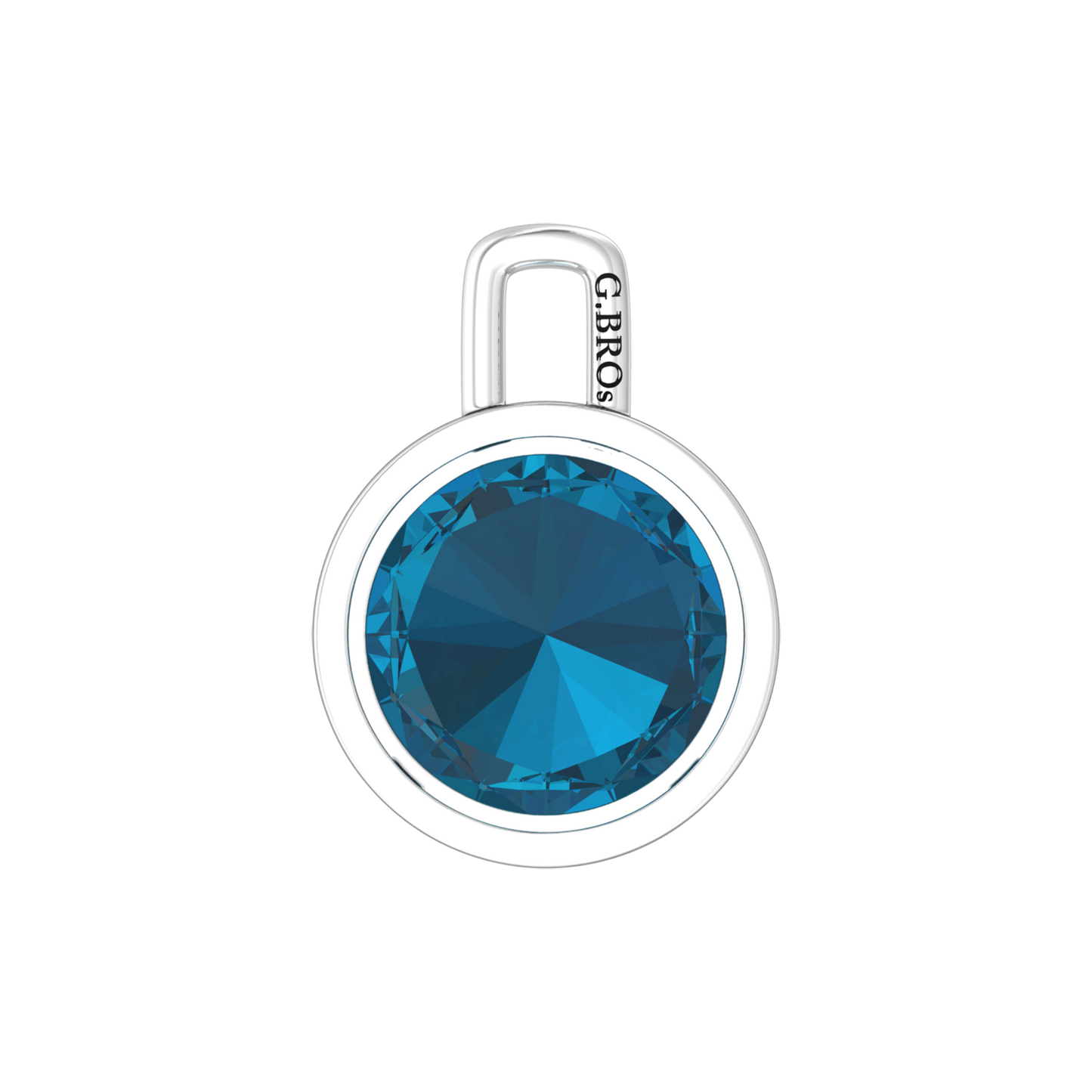 Nova pendant attachment in a plain bezel setting with round London Blue Topaz Gardiner Brothers