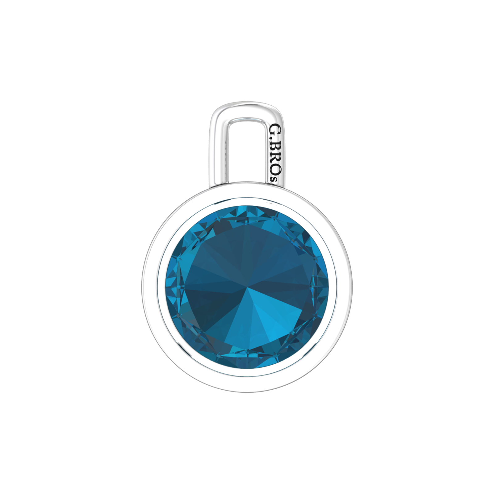Nova pendant attachment in a plain bezel setting with round London Blue Topaz Gardiner Brothers
