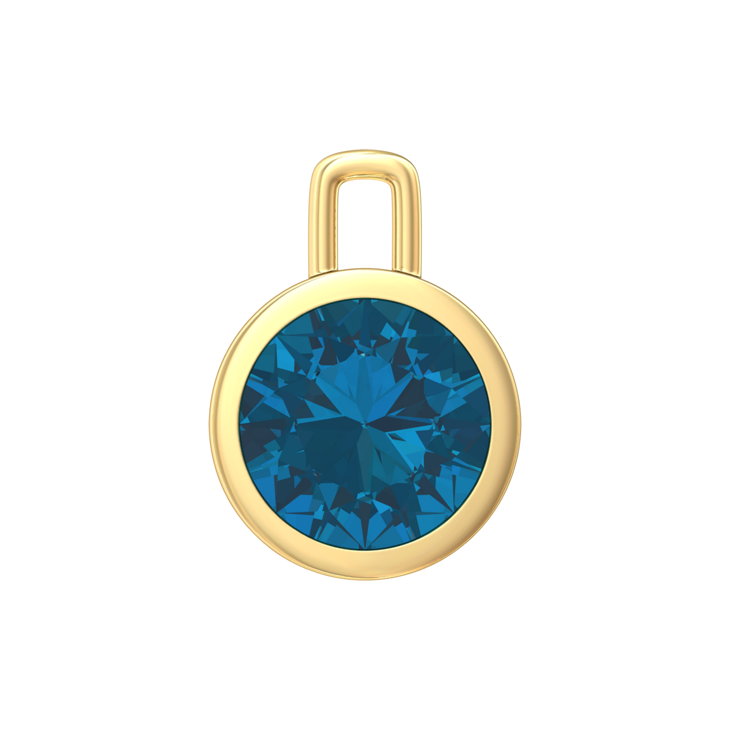 Nova pendant attachment in a plain bezel setting with round London Blue Topaz Gardiner Brothers Yellow Gold