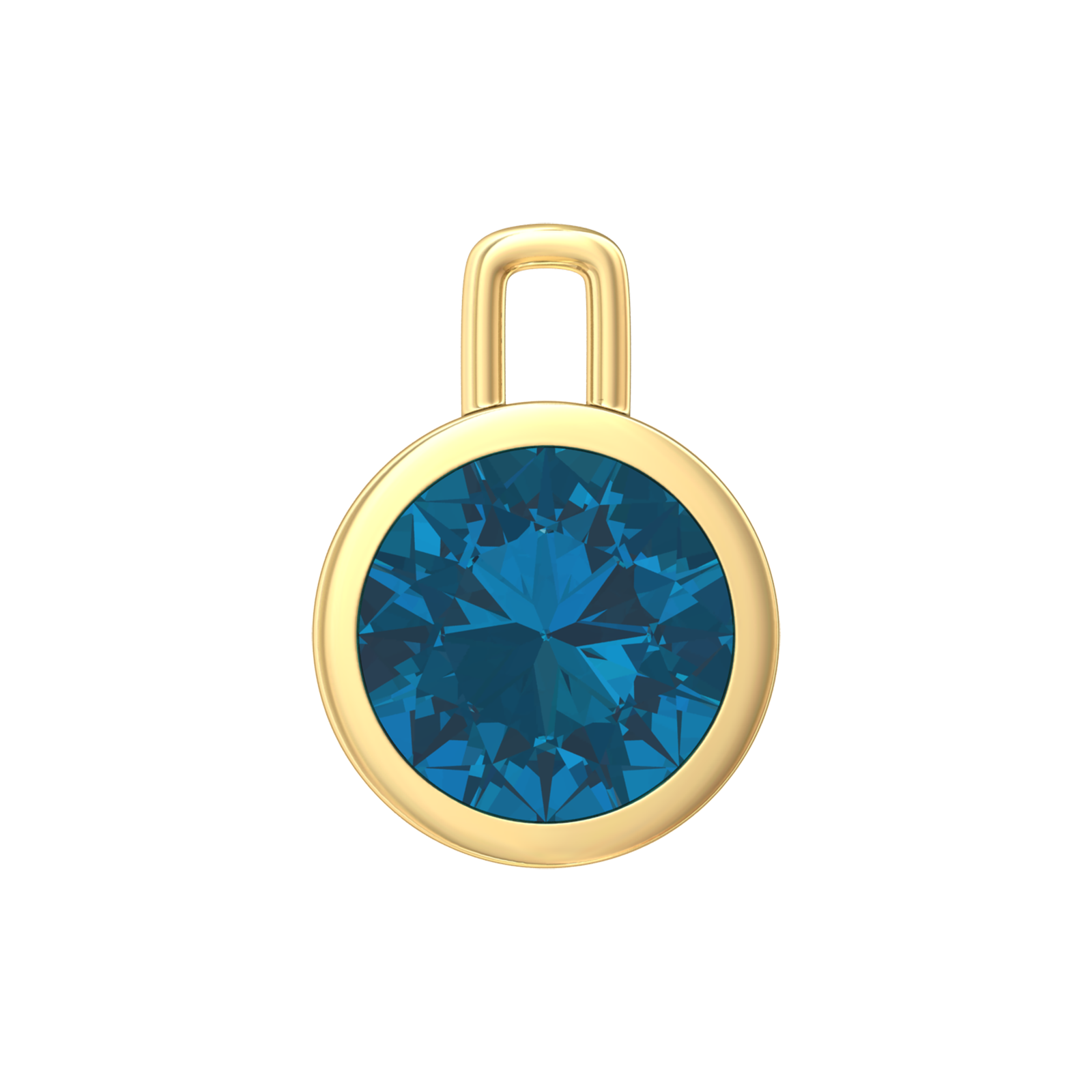 Nova pendant attachment in a plain bezel setting with round London Blue Topaz Gardiner Brothers Yellow Gold