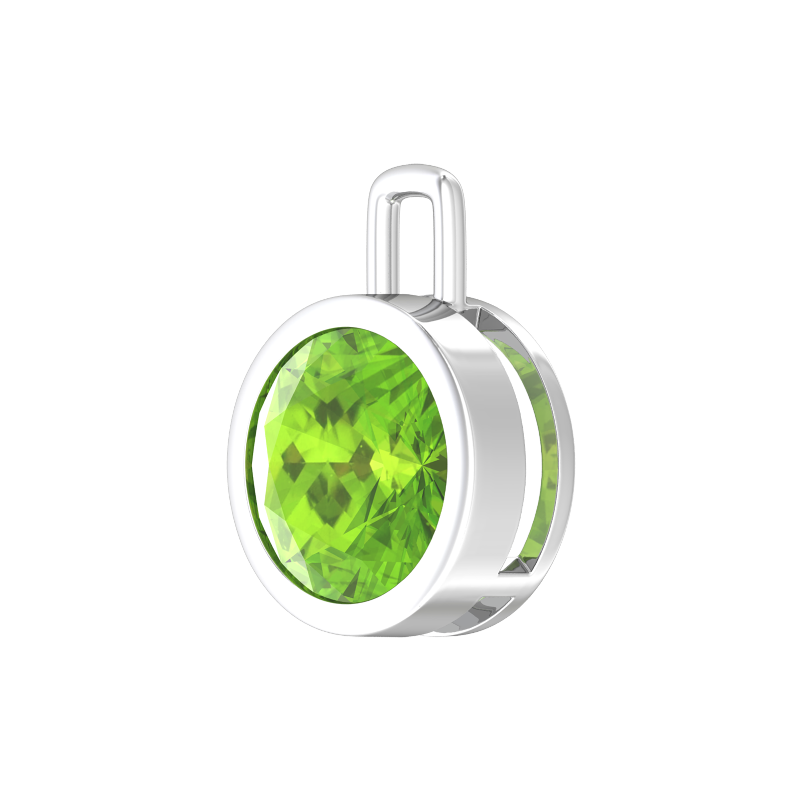 Nova pendant attachment in a plain bezel setting with round Peridot Gardiner Brothers