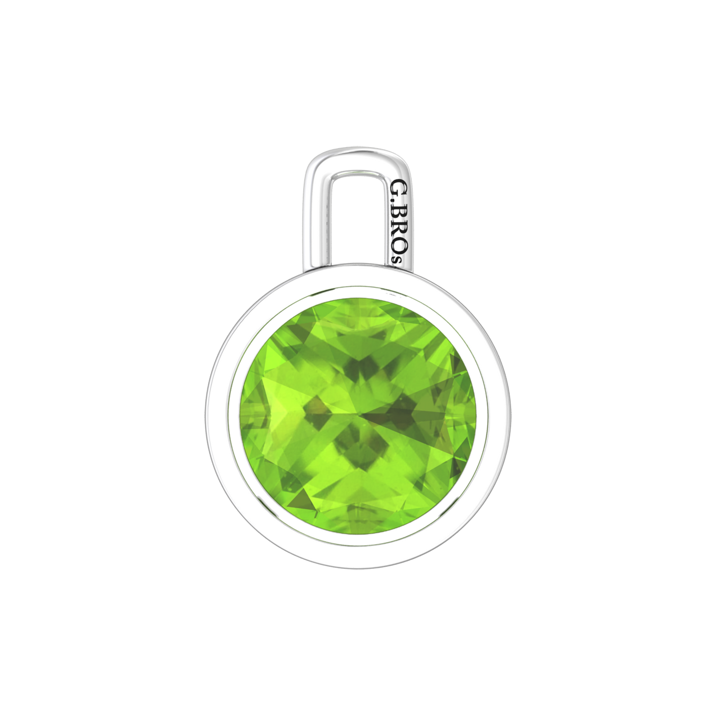 Nova pendant attachment in a plain bezel setting with round Peridot Gardiner Brothers