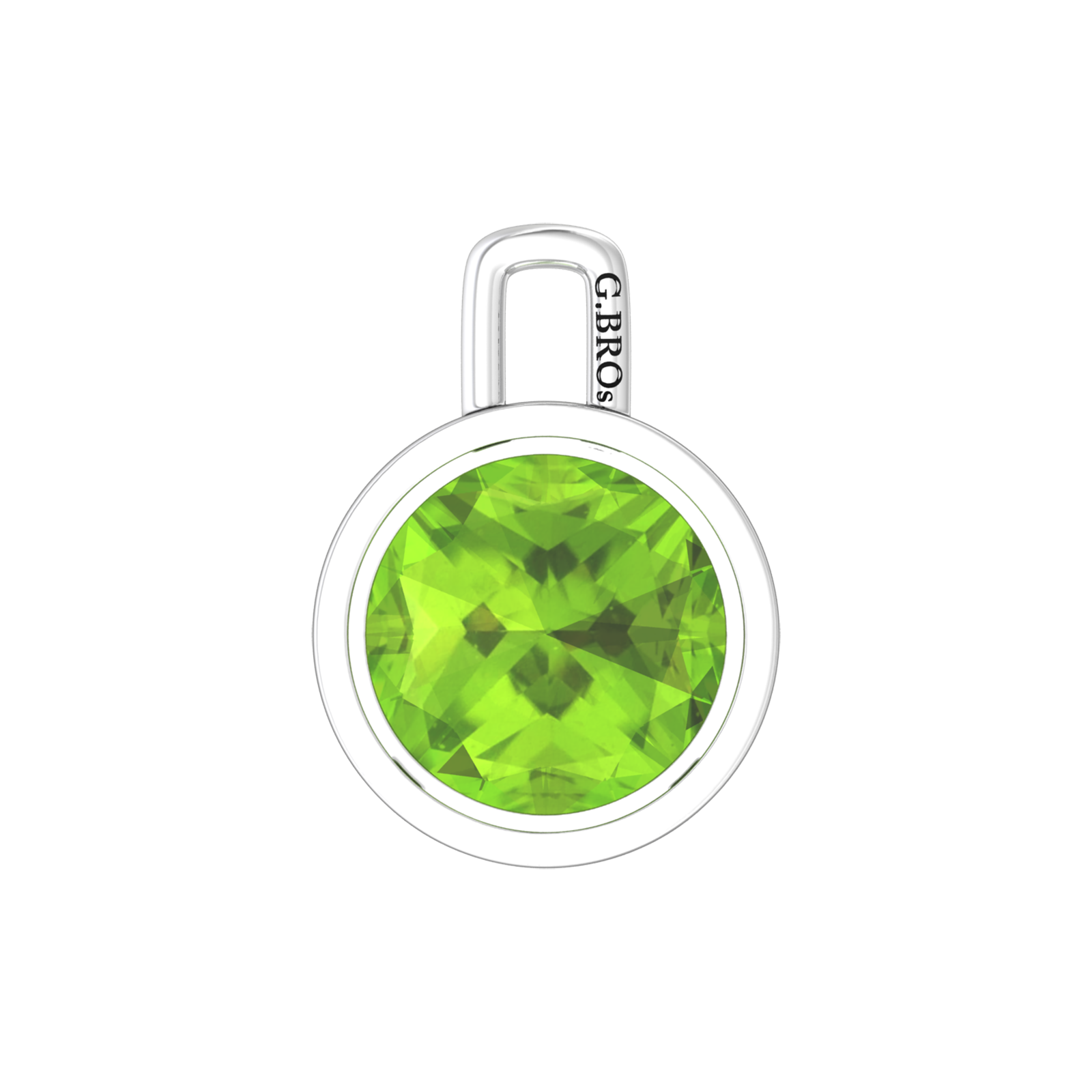 Nova pendant attachment in a plain bezel setting with round Peridot Gardiner Brothers