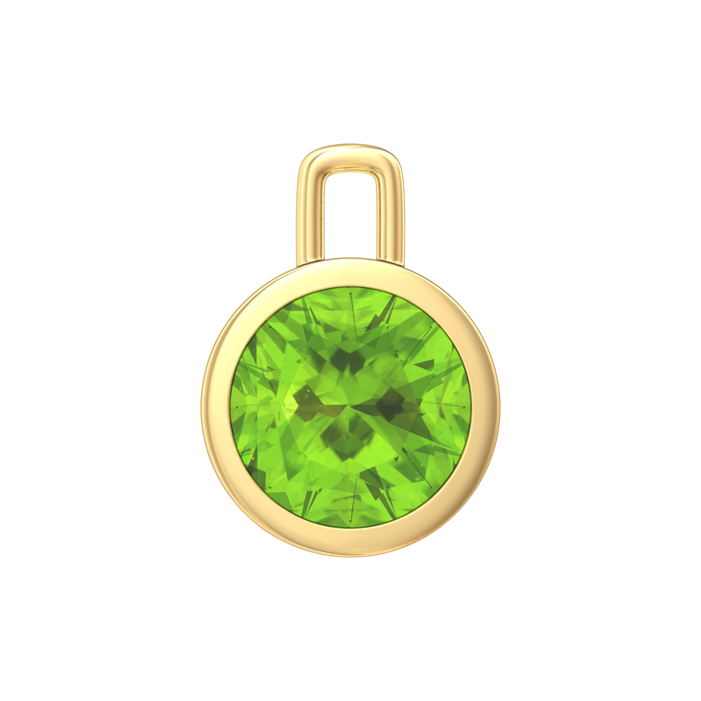 Nova pendant attachment in a plain bezel setting with round Peridot Gardiner Brothers Yellow Gold