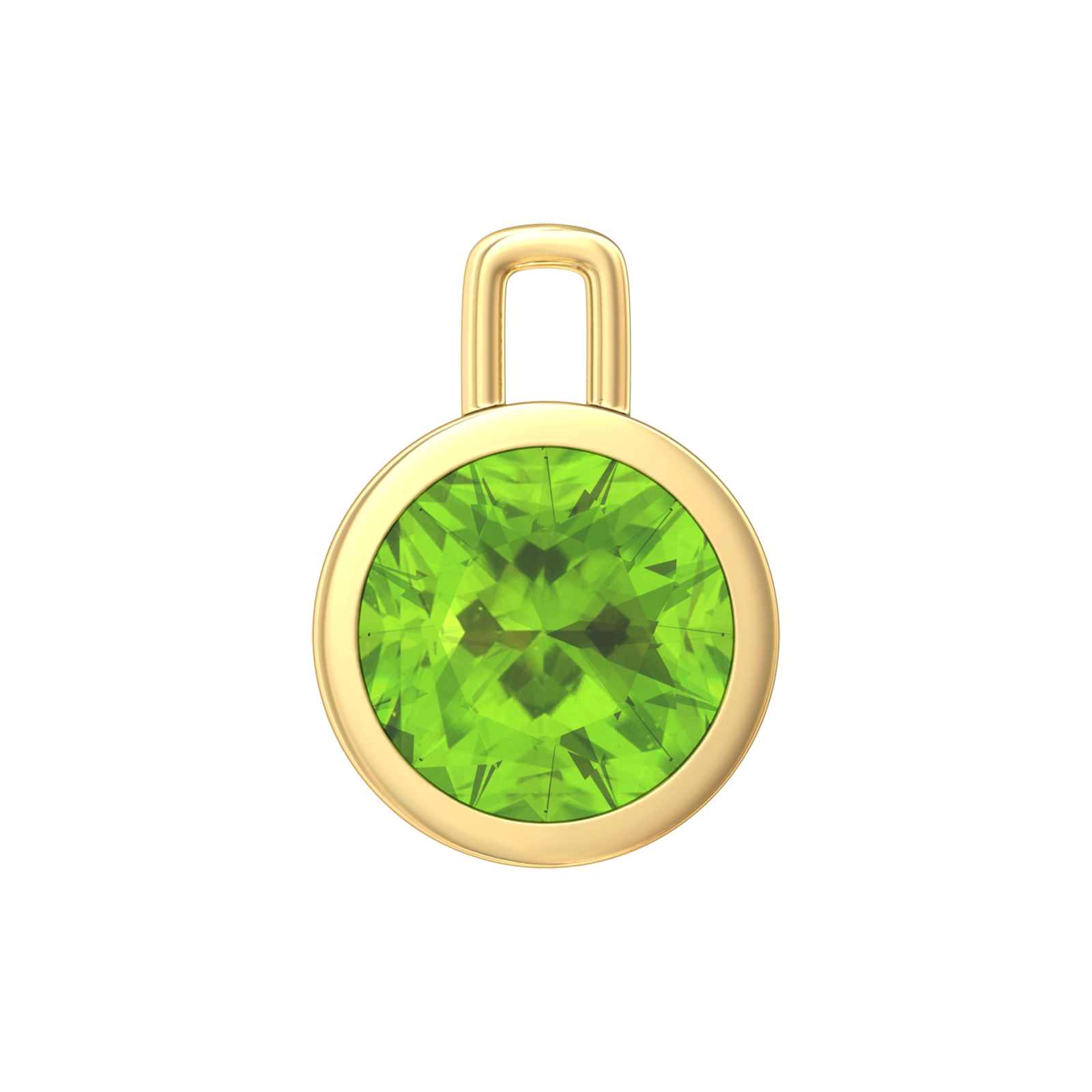Nova pendant attachment in a plain bezel setting with round Peridot Gardiner Brothers Yellow Gold
