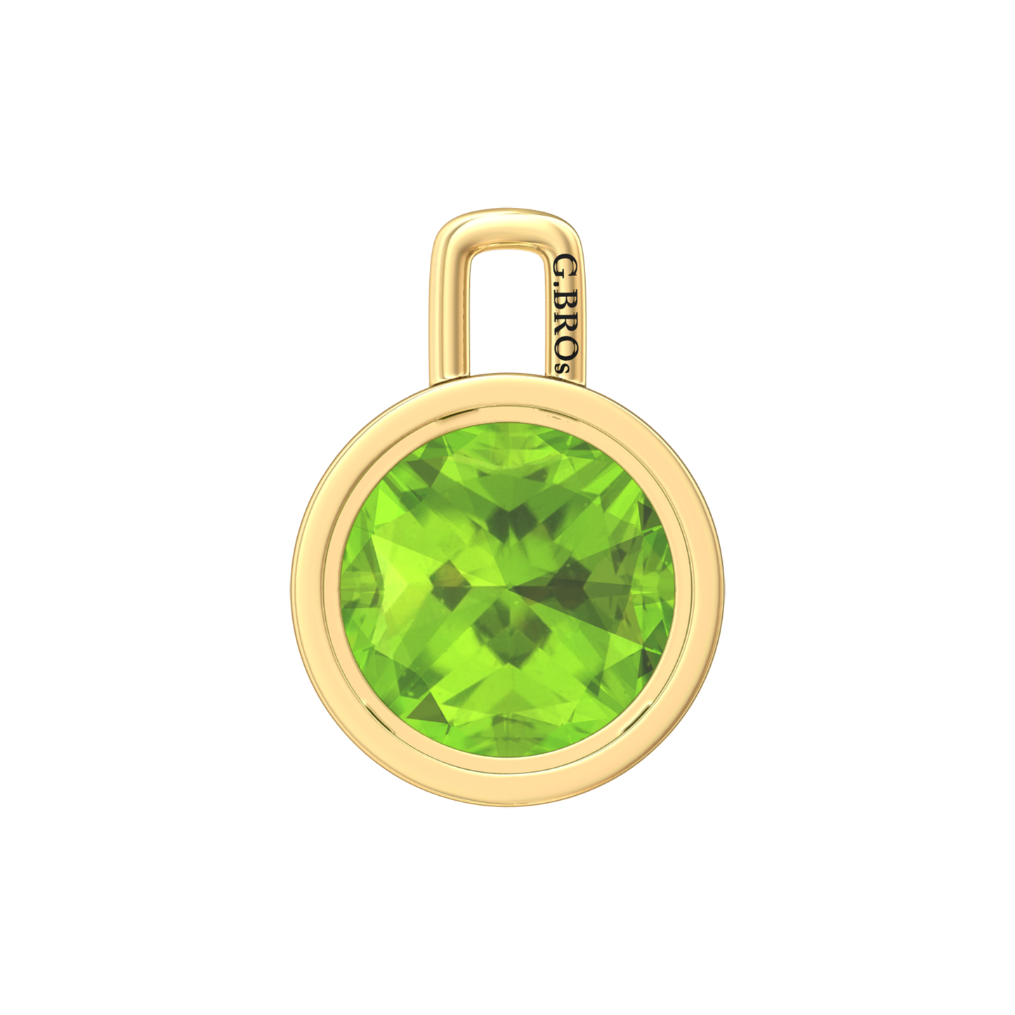 Nova pendant attachment in a plain bezel setting with round Peridot Gardiner Brothers