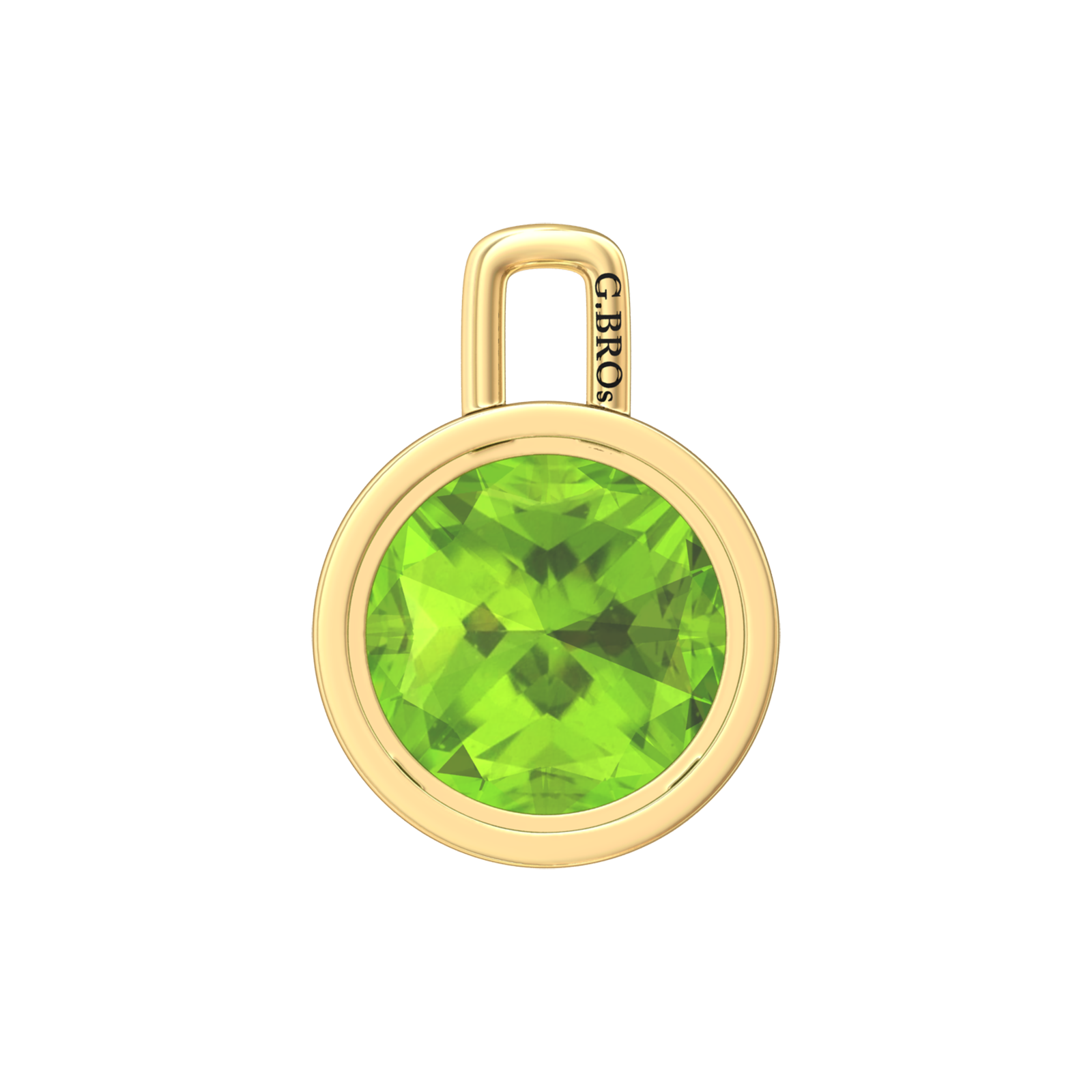 Nova pendant attachment in a plain bezel setting with round Peridot Gardiner Brothers