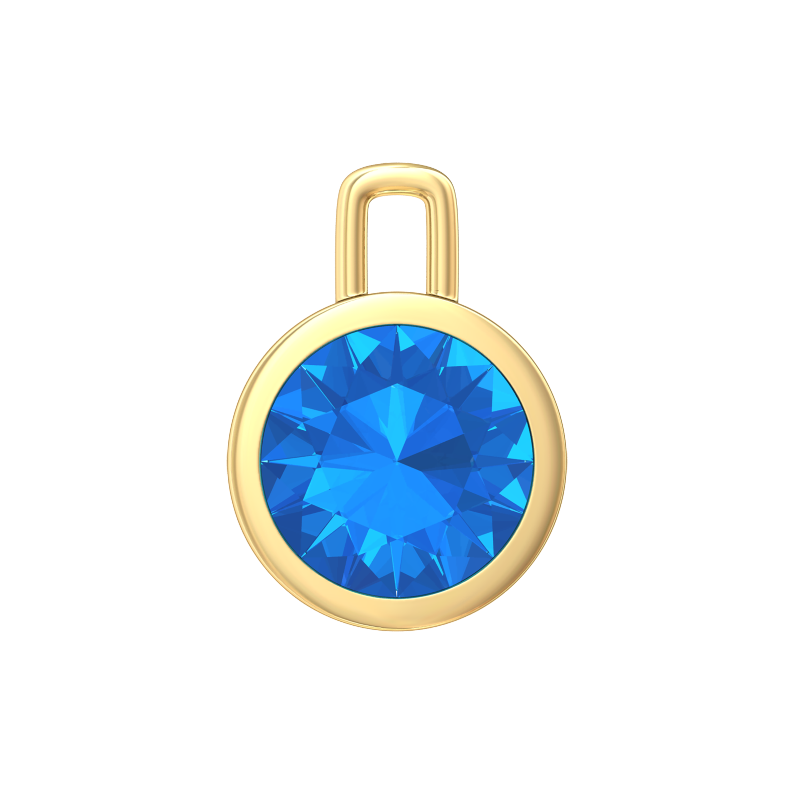 Nova pendant attachment in a plain bezel setting with round Swiss Blue Topaz Gardiner Brothers Yellow Gold