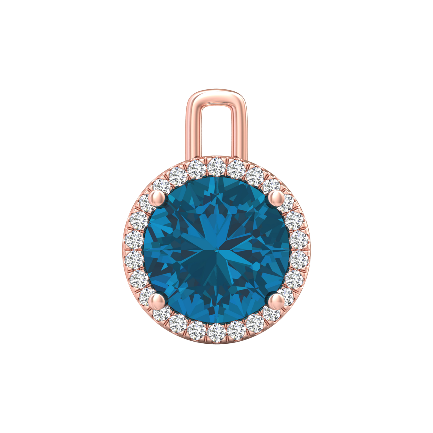 Nova diamond set pendant attachment set with a round London Blue Topaz Gardiner Brothers Rose Gold