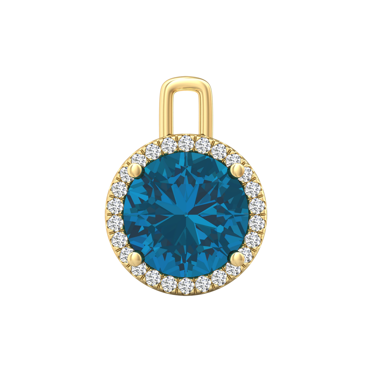 Nova diamond set pendant attachment set with a round London Blue Topaz Gardiner Brothers Yellow Gold