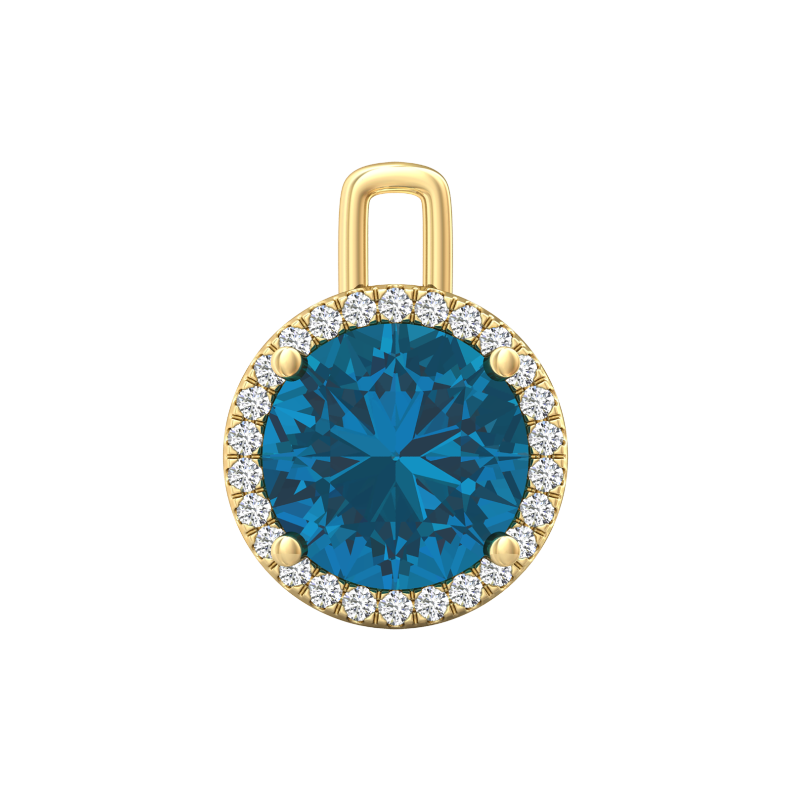 Nova diamond set pendant attachment set with a round London Blue Topaz Gardiner Brothers Yellow Gold