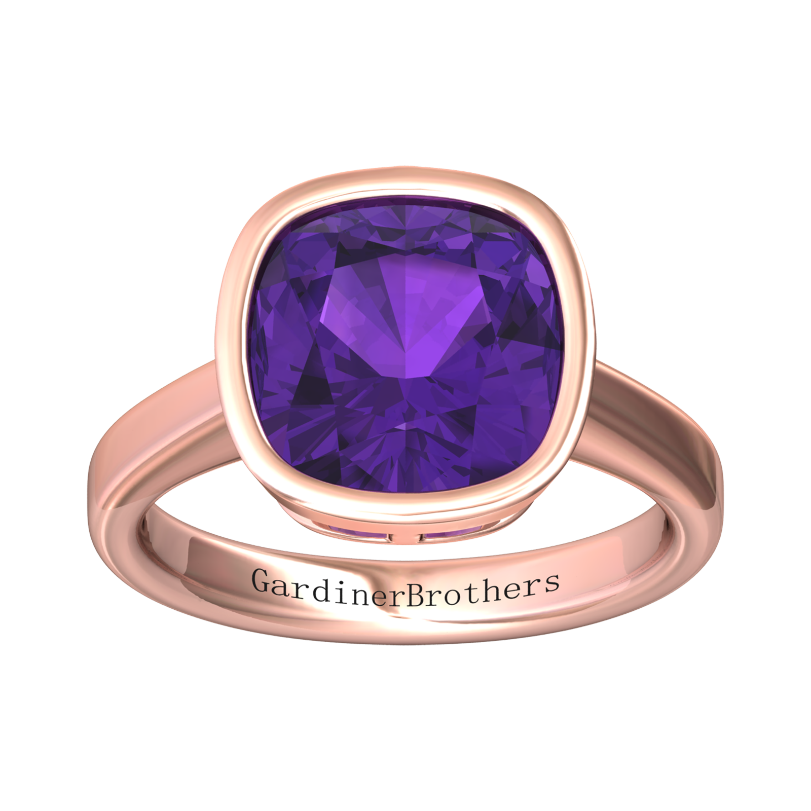 Nova cushion shaped Amethyst ring set in a plain bezel setting Gardiner Brothers