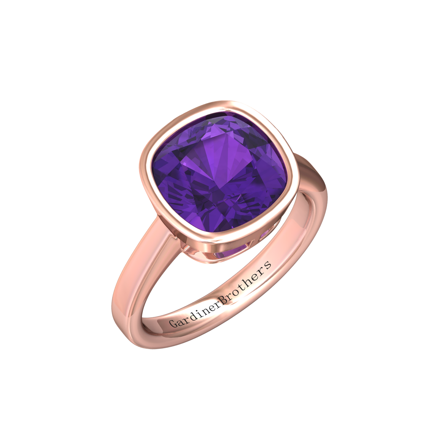 Nova cushion shaped Amethyst ring set in a plain bezel setting Gardiner Brothers Rose Gold