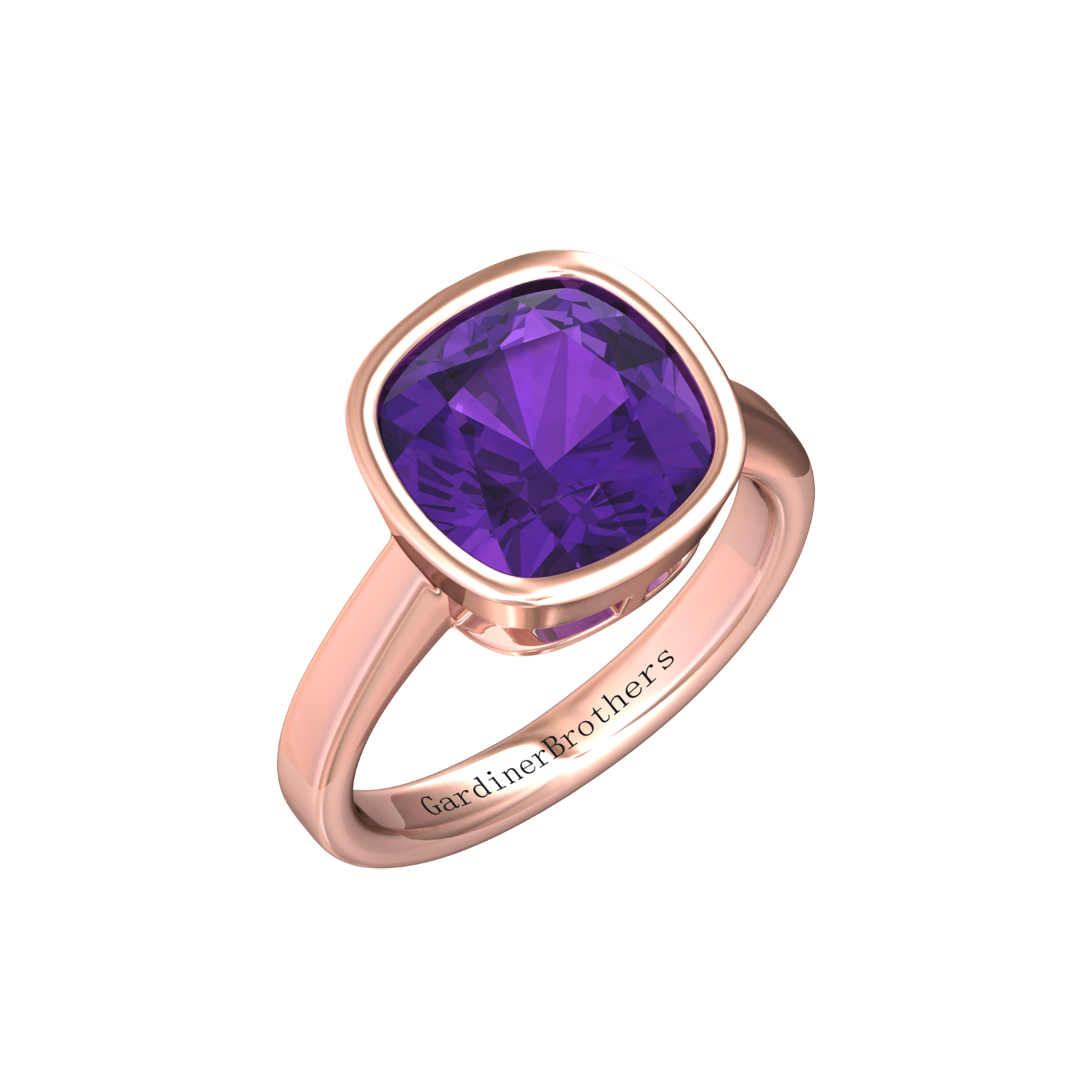 Nova cushion shaped Amethyst ring set in a plain bezel setting Gardiner Brothers Rose Gold