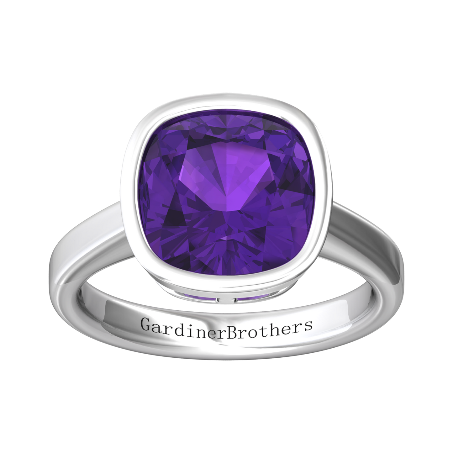Nova cushion shaped Amethyst ring set in a plain bezel setting Gardiner Brothers