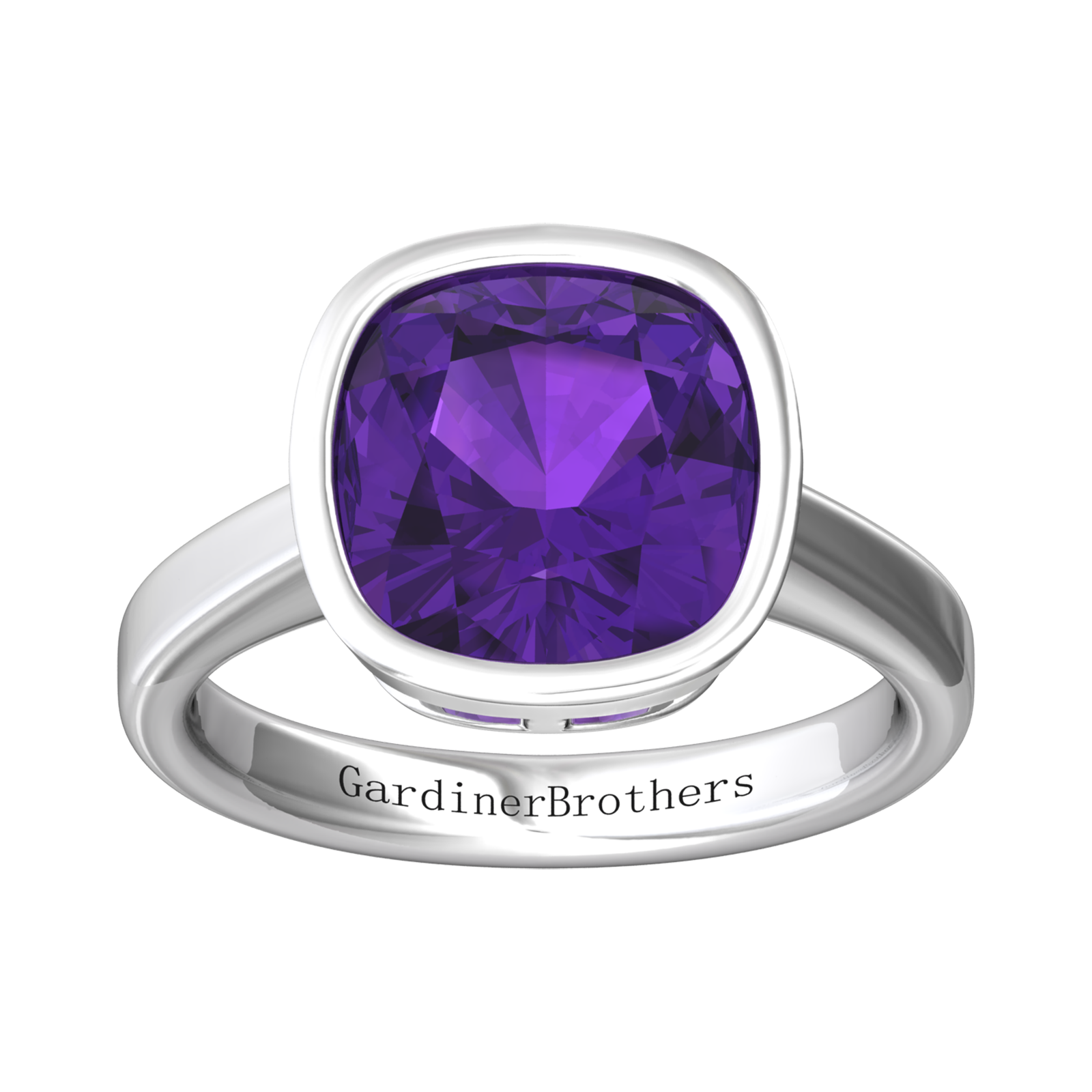 Nova cushion shaped Amethyst ring set in a plain bezel setting Gardiner Brothers