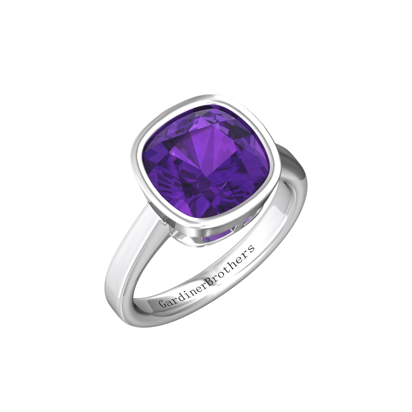 Nova cushion shaped Amethyst ring set in a plain bezel setting Gardiner Brothers White Gold