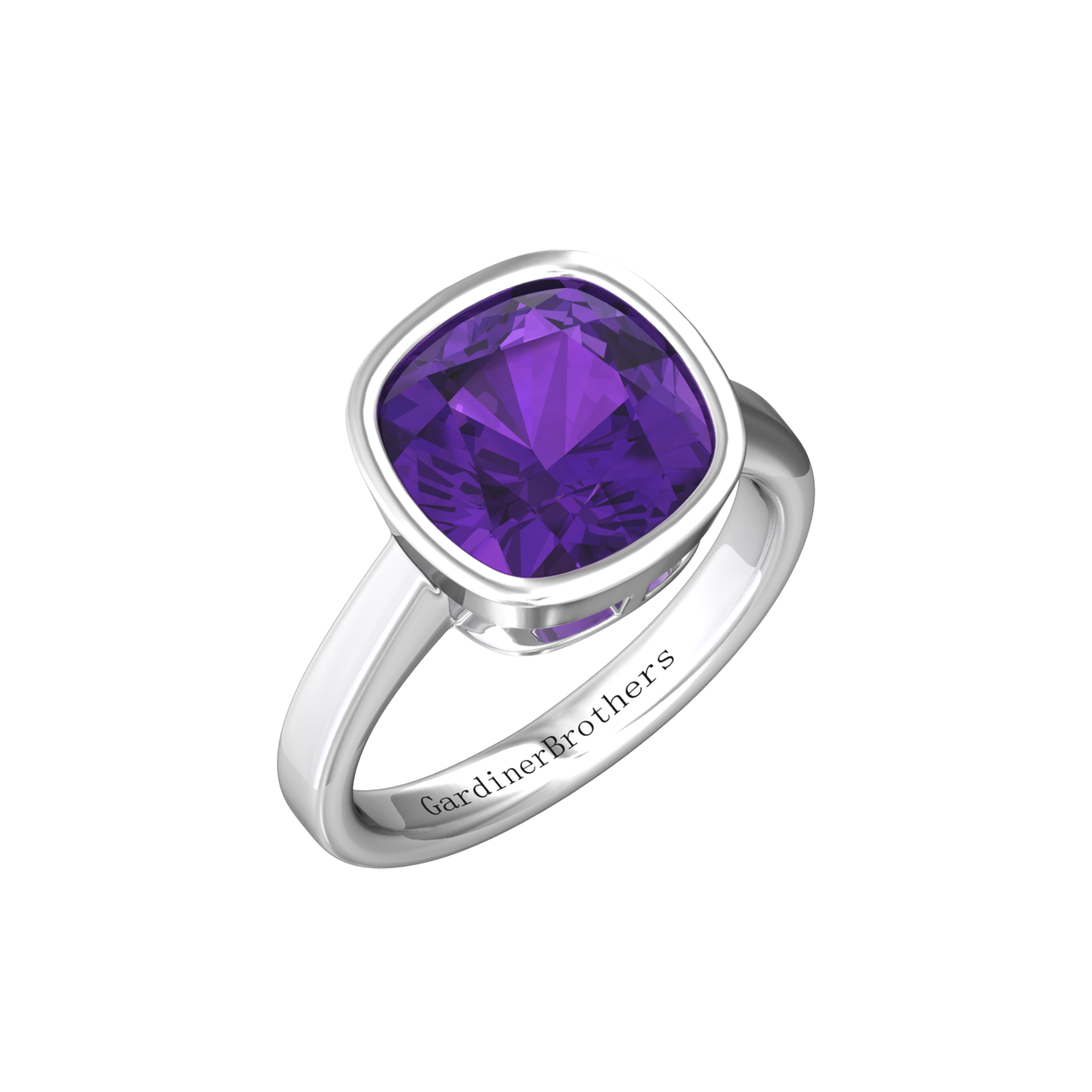 Nova cushion shaped Amethyst ring set in a plain bezel setting Gardiner Brothers White Gold