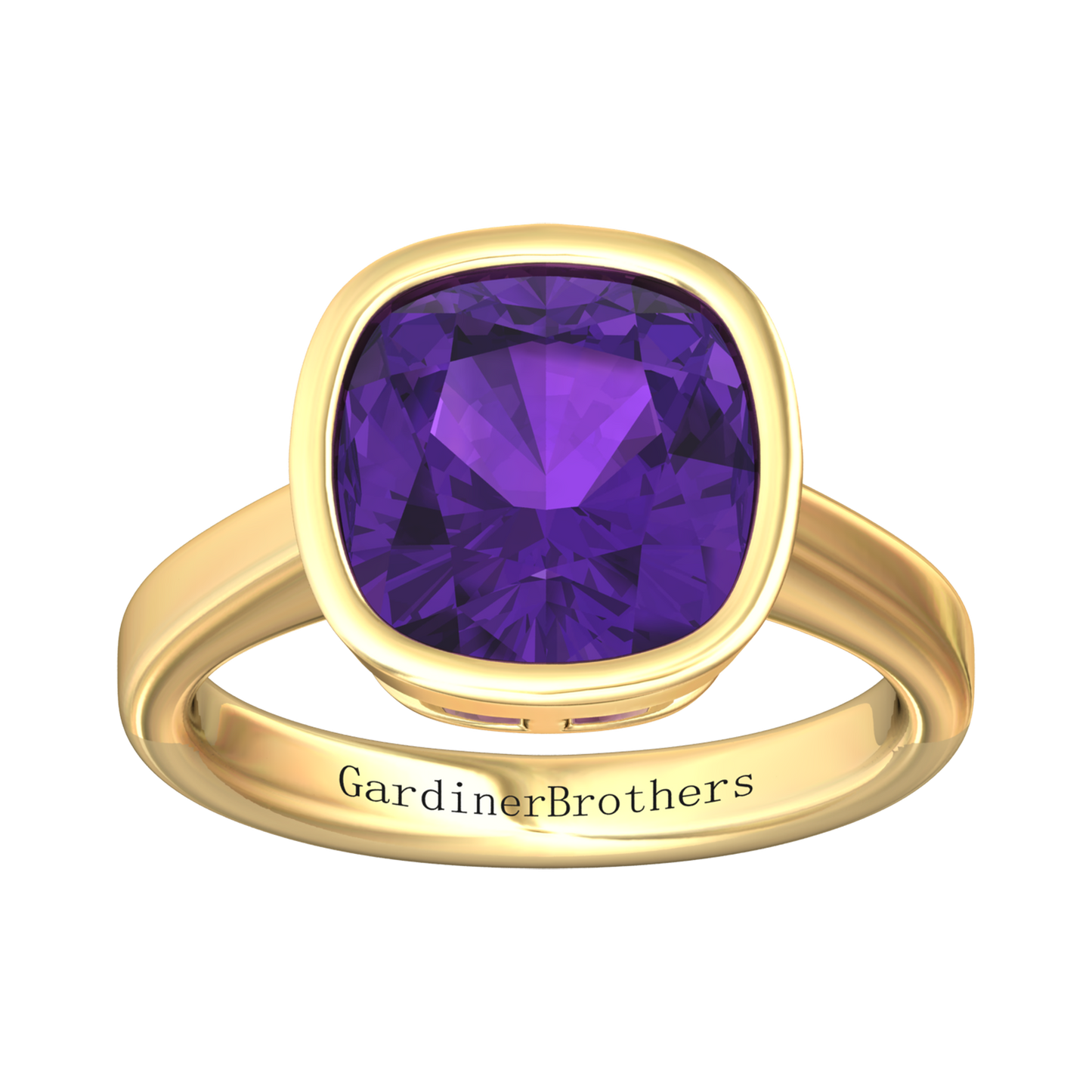 Nova cushion shaped Amethyst ring set in a plain bezel setting Gardiner Brothers