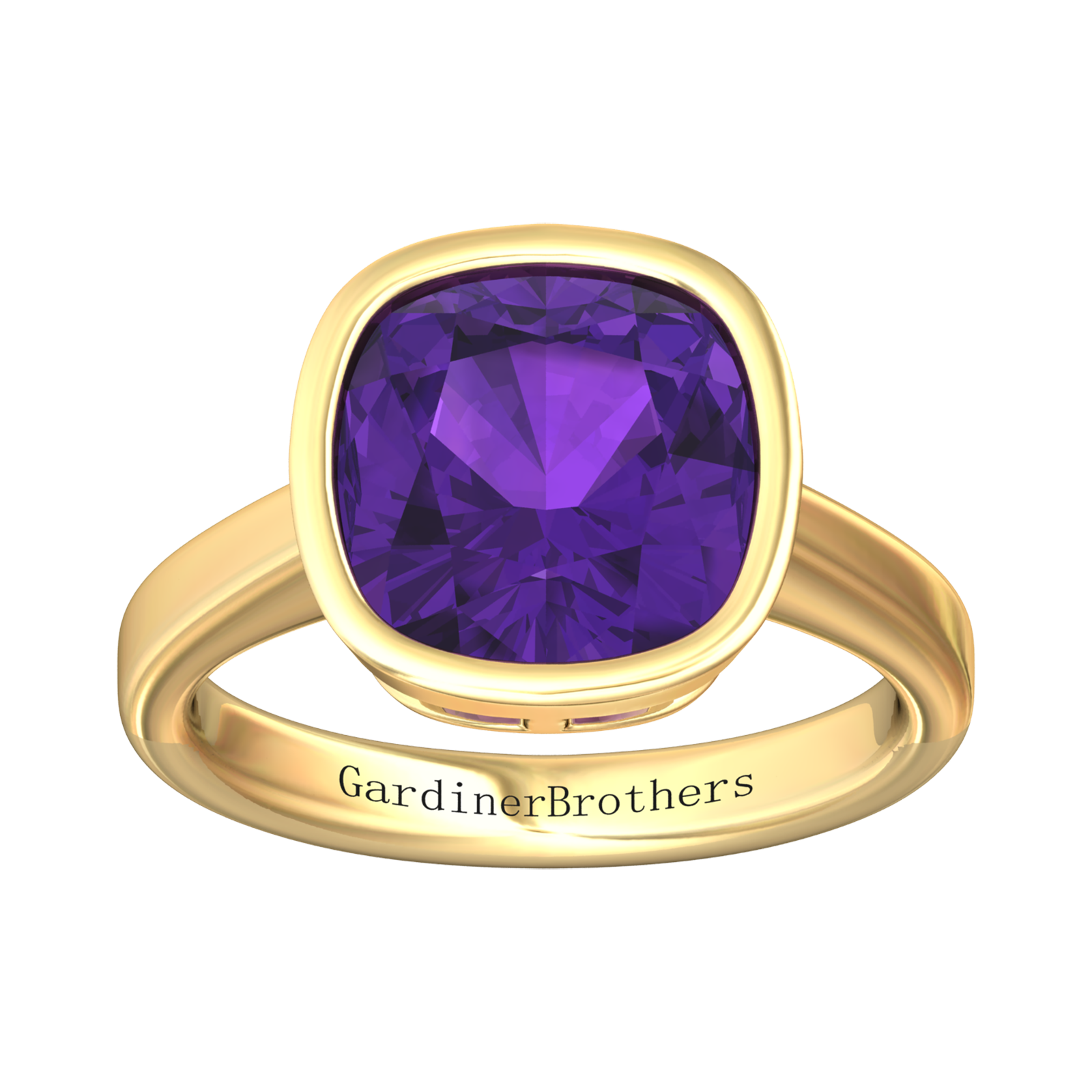 Nova cushion shaped Amethyst ring set in a plain bezel setting Gardiner Brothers