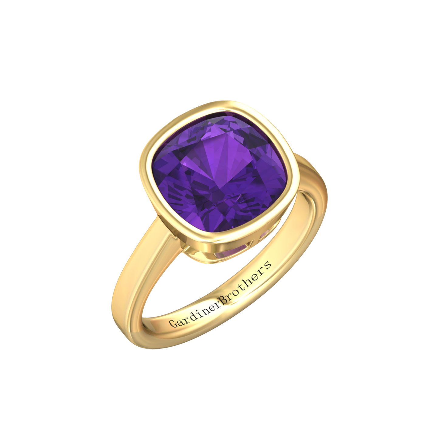Nova cushion shaped Amethyst ring set in a plain bezel setting Gardiner Brothers Yellow Gold