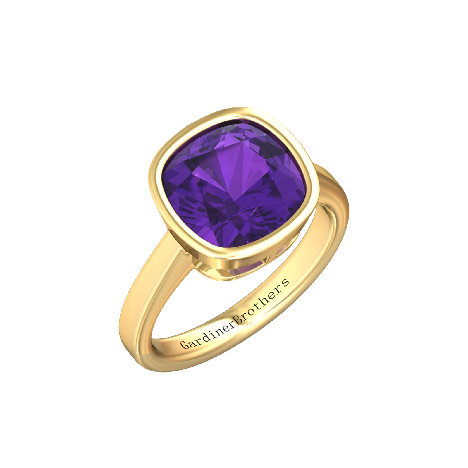 Nova cushion shaped Amethyst ring set in a plain bezel setting Gardiner Brothers Yellow Gold
