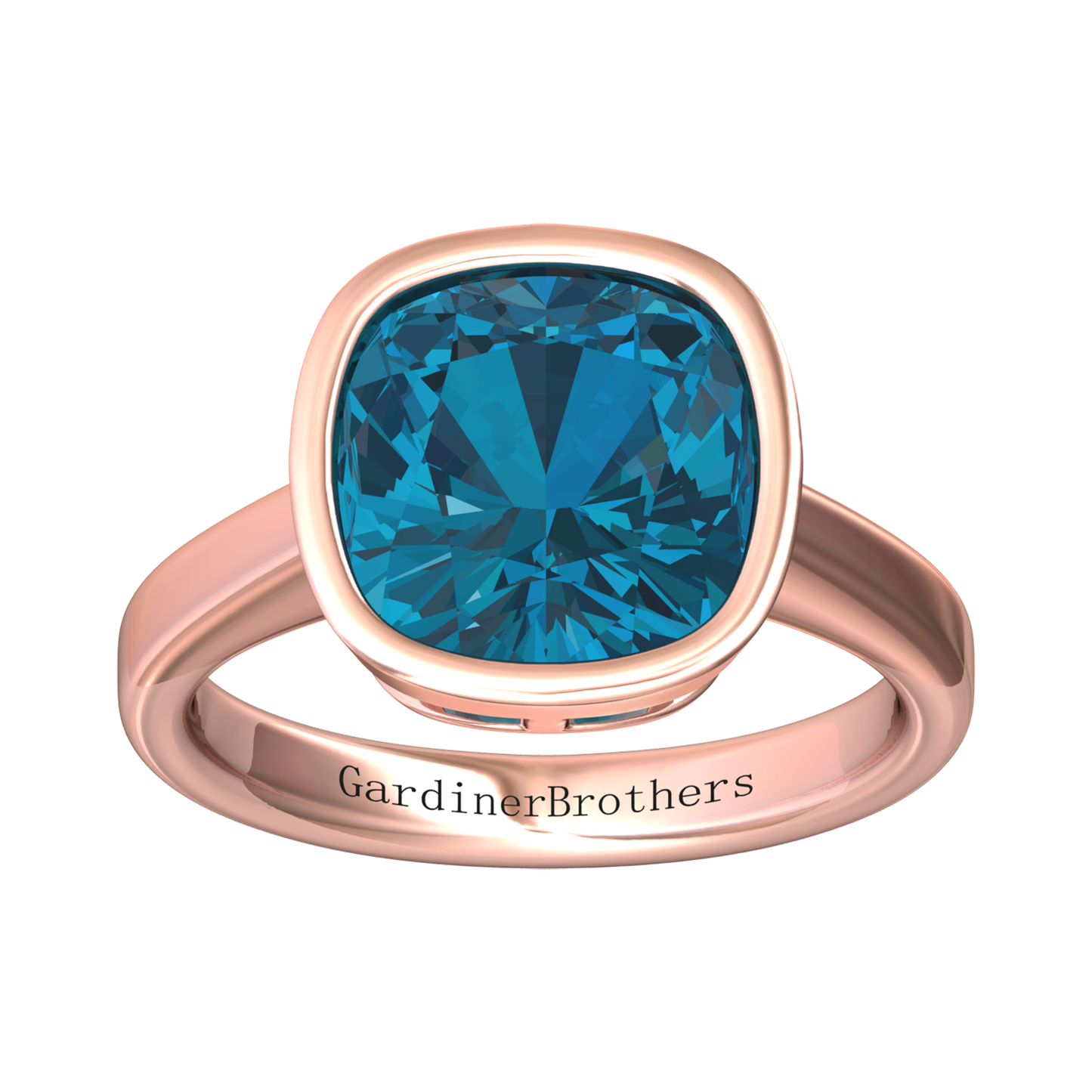 Nova cushion shaped London Blue Topaz ring set in a plain bezel setting Gardiner Brothers