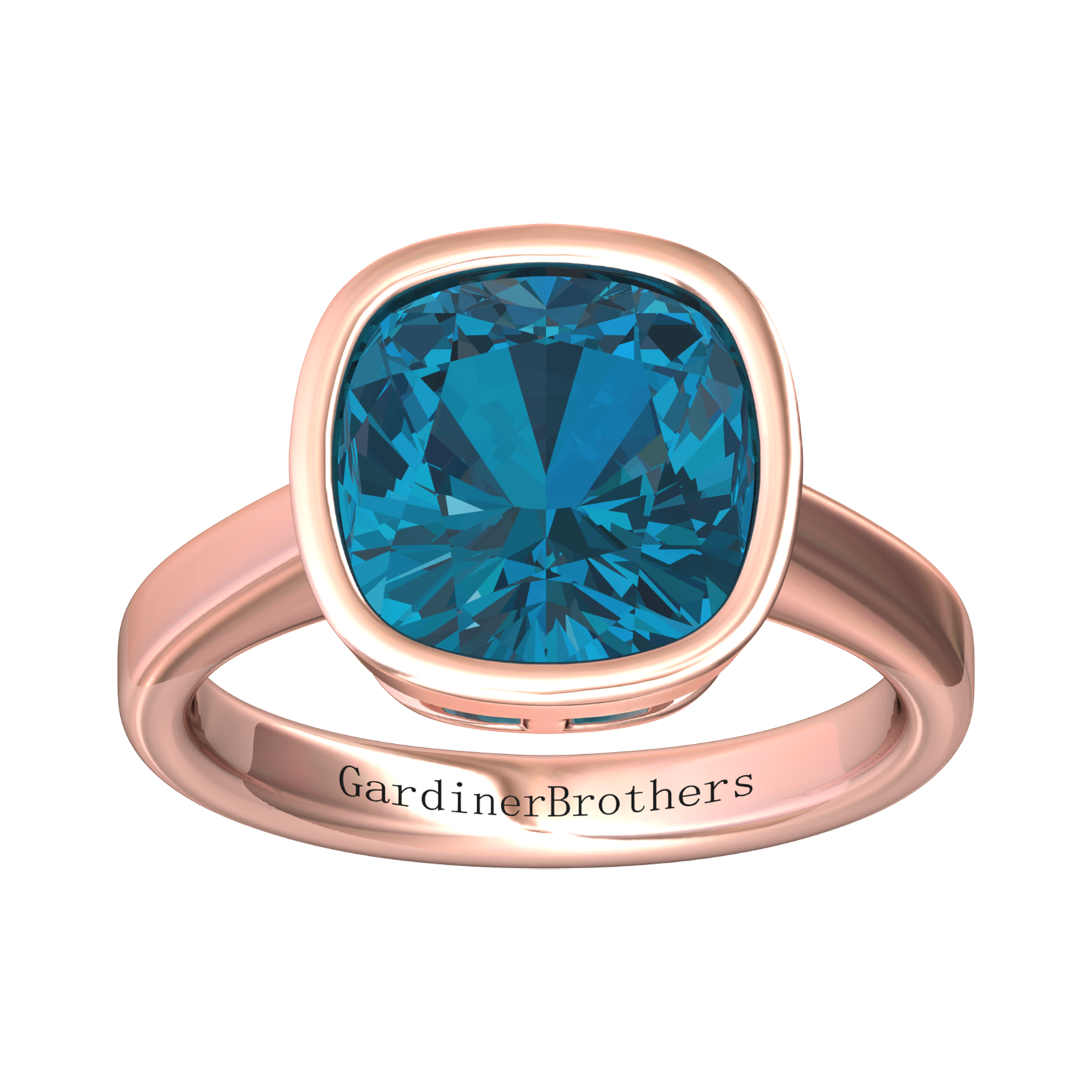 Nova cushion shaped London Blue Topaz ring set in a plain bezel setting Gardiner Brothers