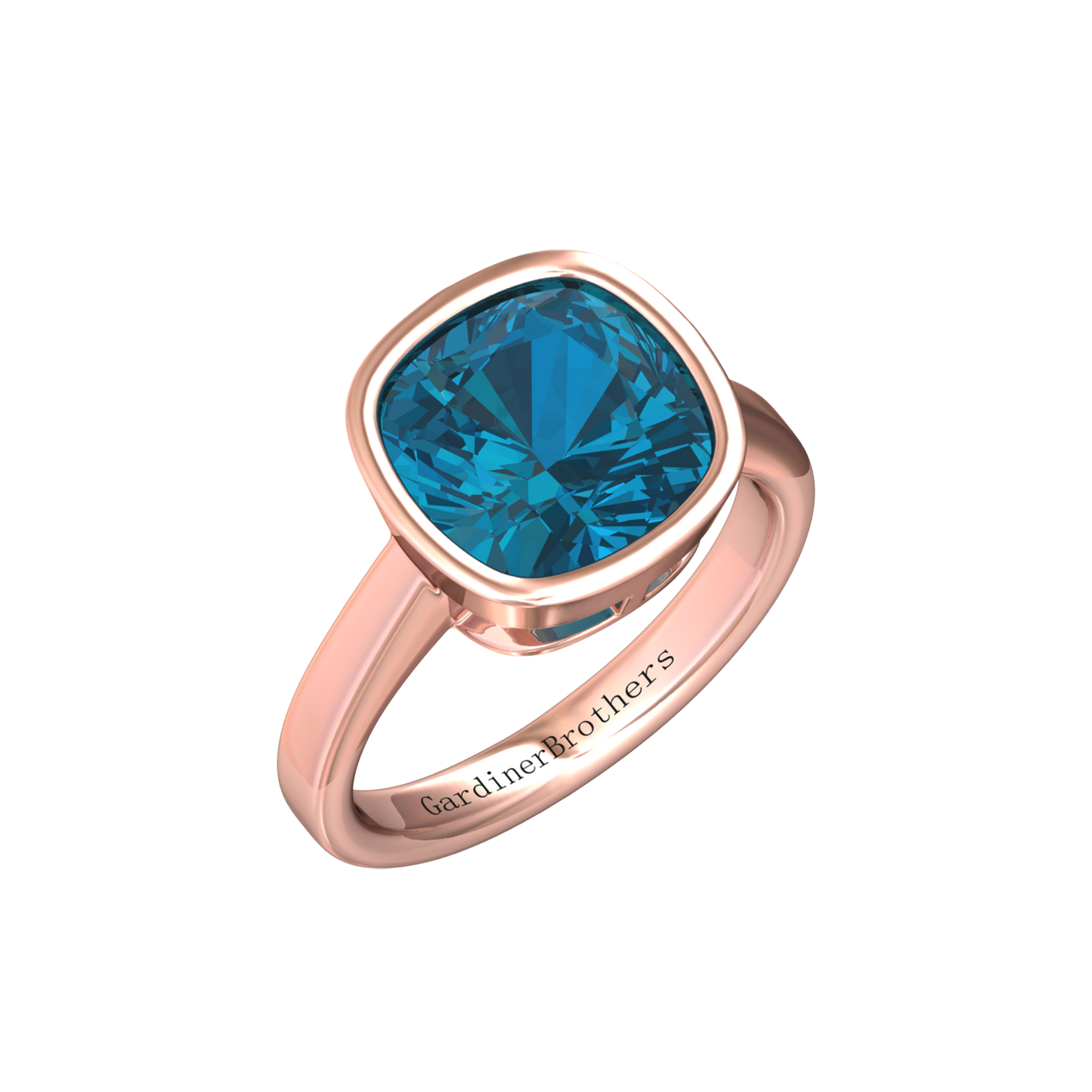 Nova cushion shaped London Blue Topaz ring set in a plain bezel setting Gardiner Brothers Rose Gold