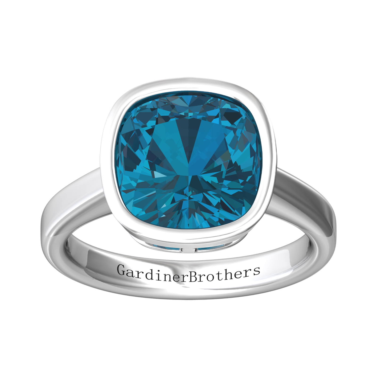 Nova cushion shaped London Blue Topaz ring set in a plain bezel setting Gardiner Brothers