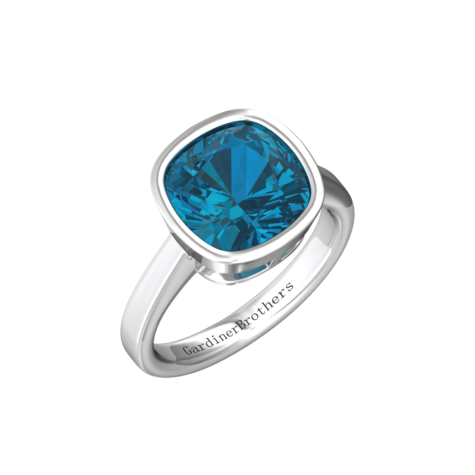Nova cushion shaped London Blue Topaz ring set in a plain bezel setting Gardiner Brothers White Gold