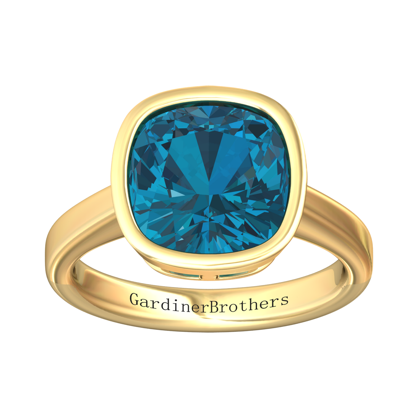 Nova cushion shaped London Blue Topaz ring set in a plain bezel setting Gardiner Brothers