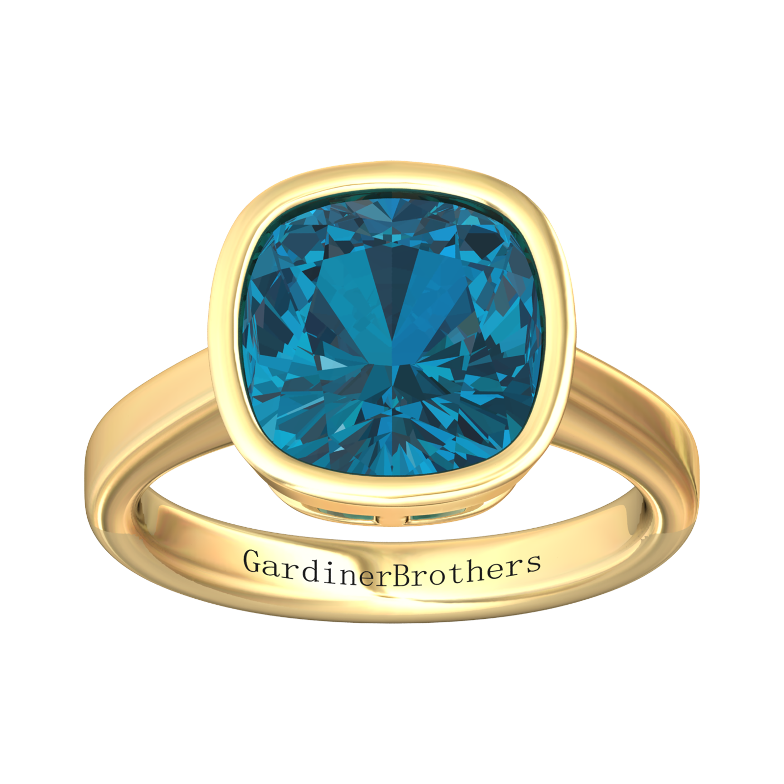 Nova cushion shaped London Blue Topaz ring set in a plain bezel setting Gardiner Brothers