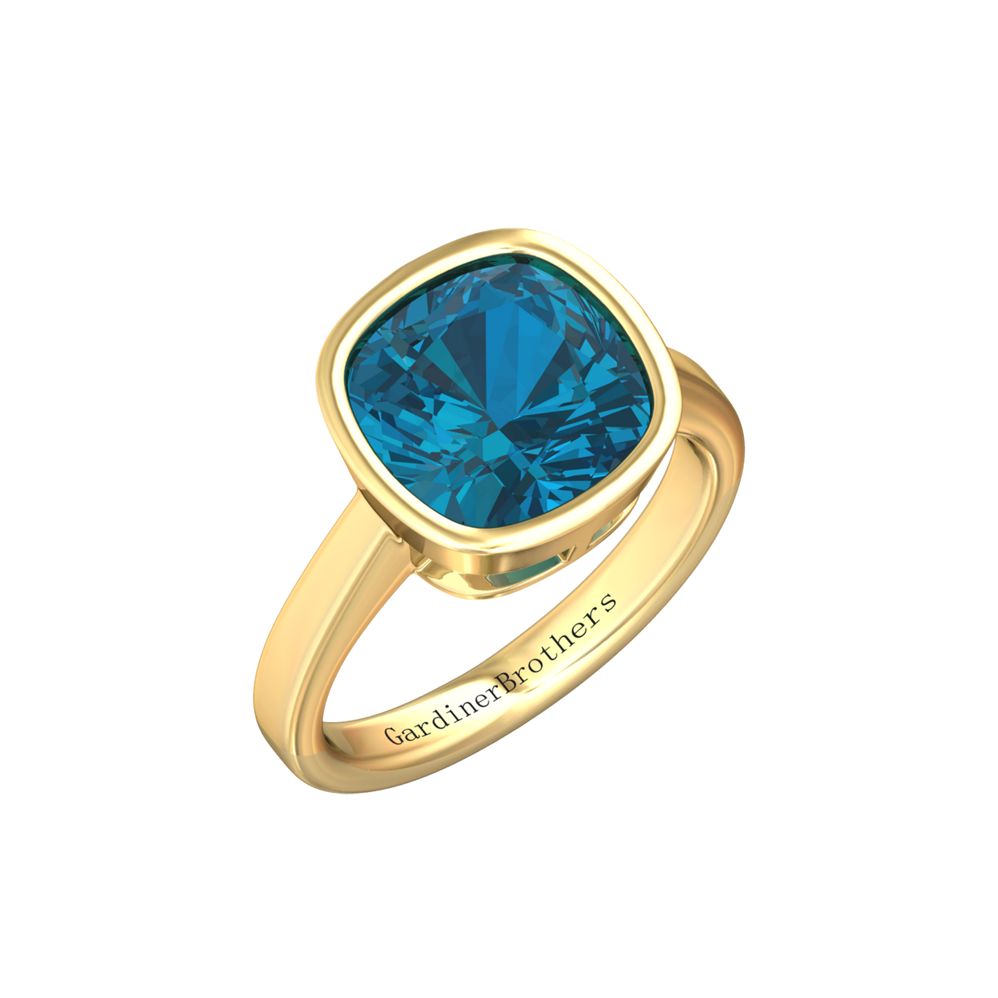 Nova cushion shaped London Blue Topaz ring set in a plain bezel setting Gardiner Brothers Yellow Gold
