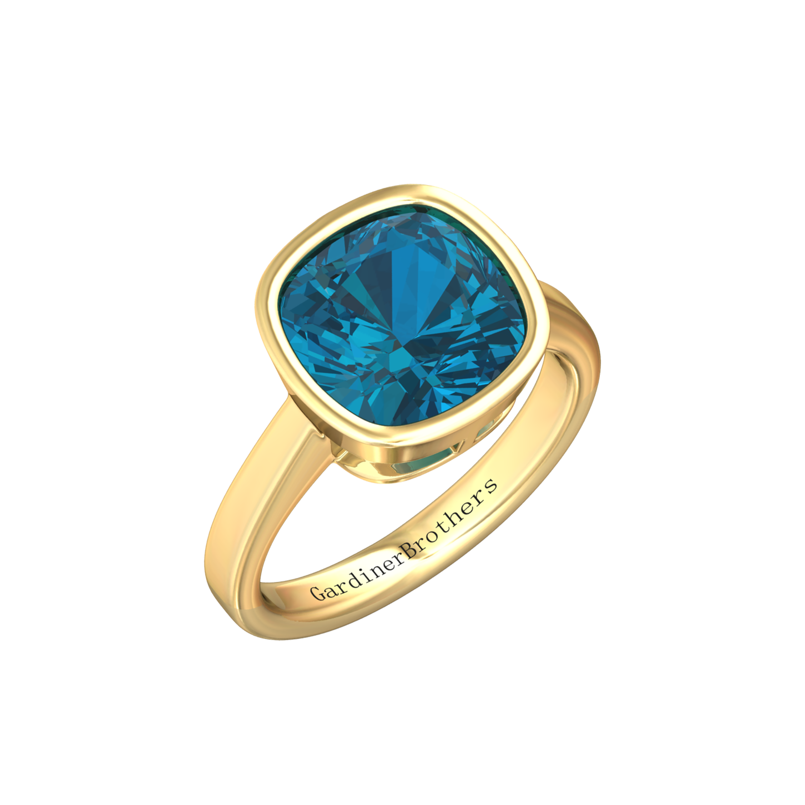 Nova cushion shaped London Blue Topaz ring set in a plain bezel setting Gardiner Brothers Yellow Gold