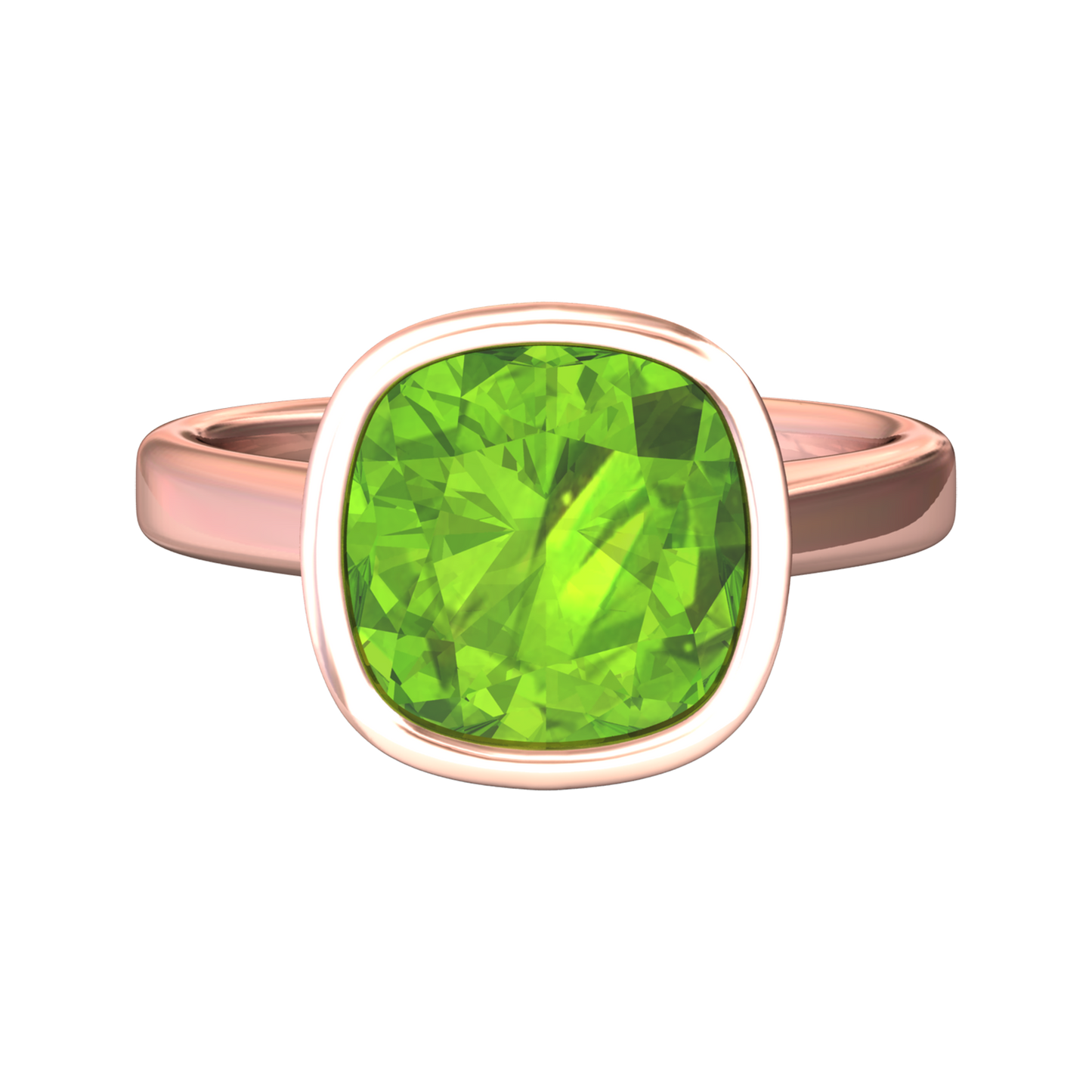 Nova cushion shaped Peridot ring set in a plain bezel setting Gardiner Brothers