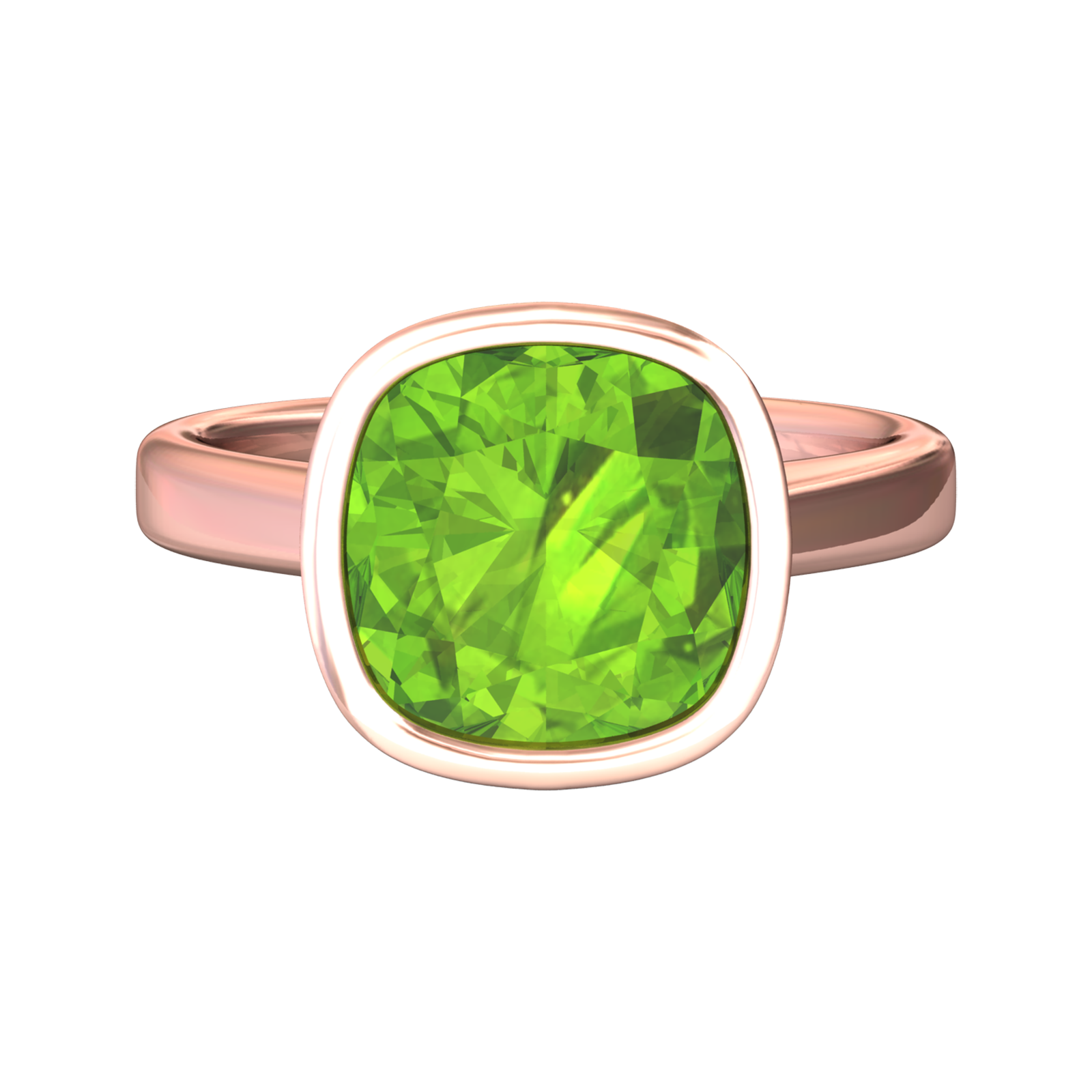 Nova cushion shaped Peridot ring set in a plain bezel setting Gardiner Brothers