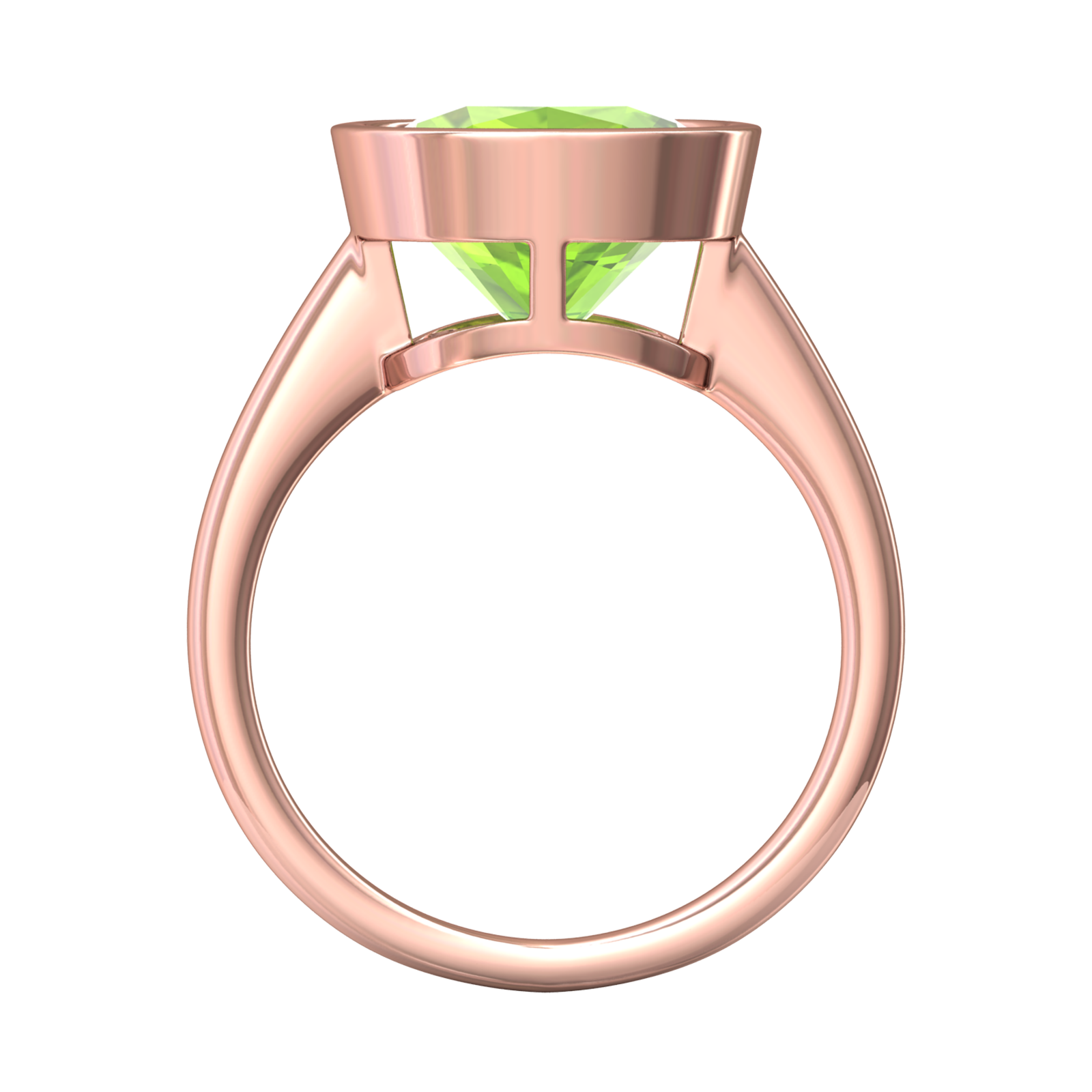 Nova cushion shaped Peridot ring set in a plain bezel setting Gardiner Brothers