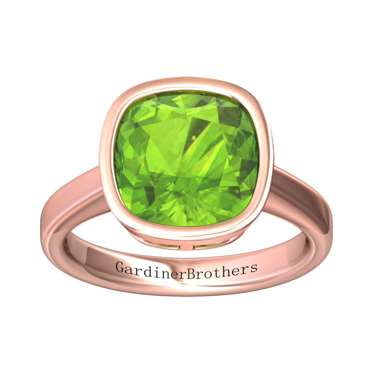 Nova cushion shaped Peridot ring set in a plain bezel setting Gardiner Brothers