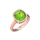 Nova cushion shaped Peridot ring set in a plain bezel setting Gardiner Brothers Rose Gold