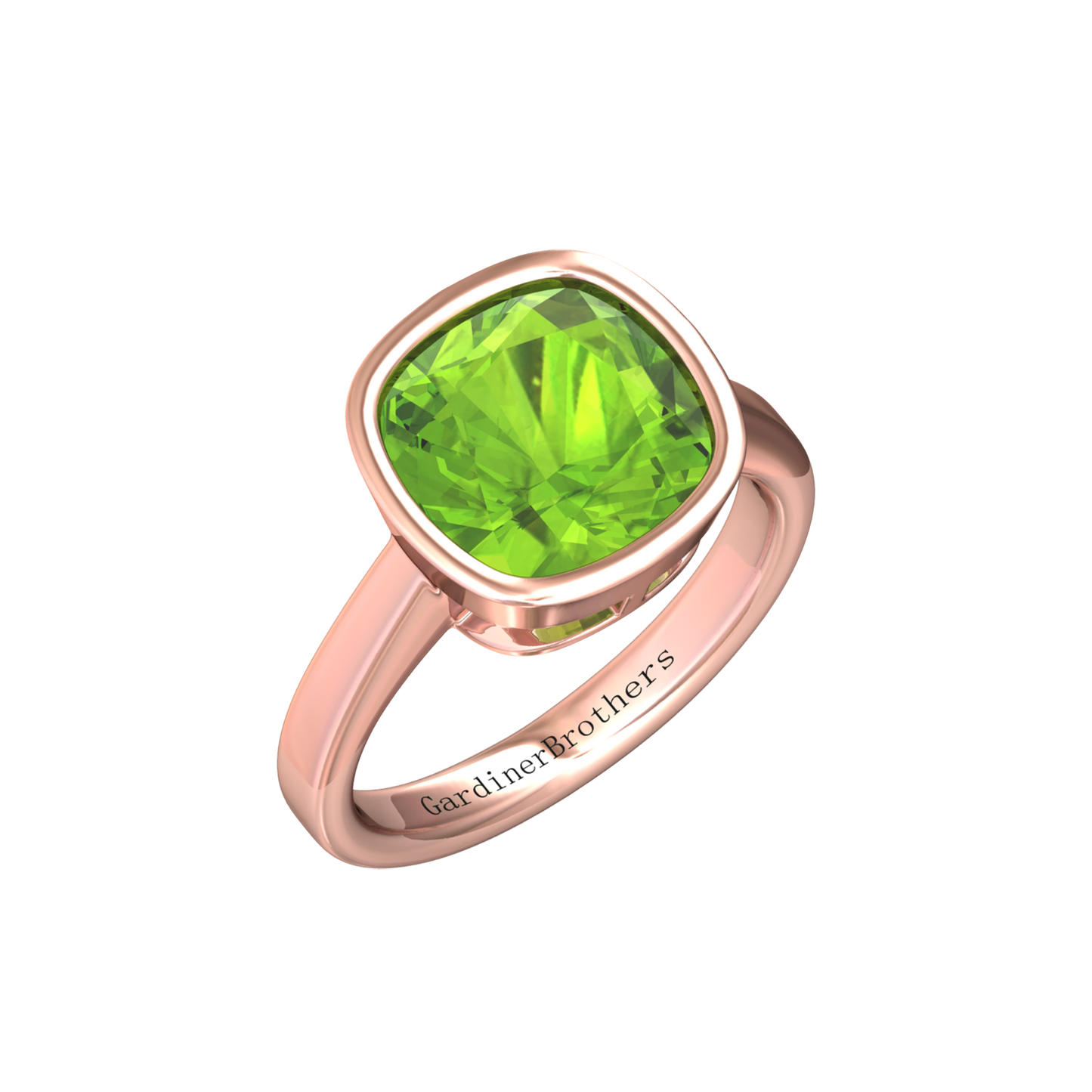 Nova cushion shaped Peridot ring set in a plain bezel setting Gardiner Brothers Rose Gold