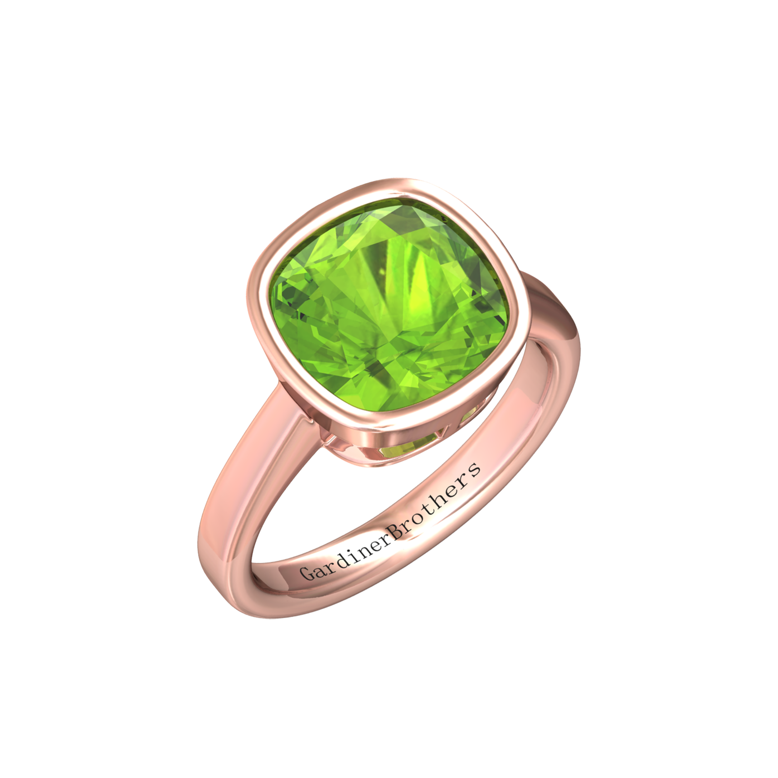 Nova cushion shaped Peridot ring set in a plain bezel setting Gardiner Brothers Rose Gold